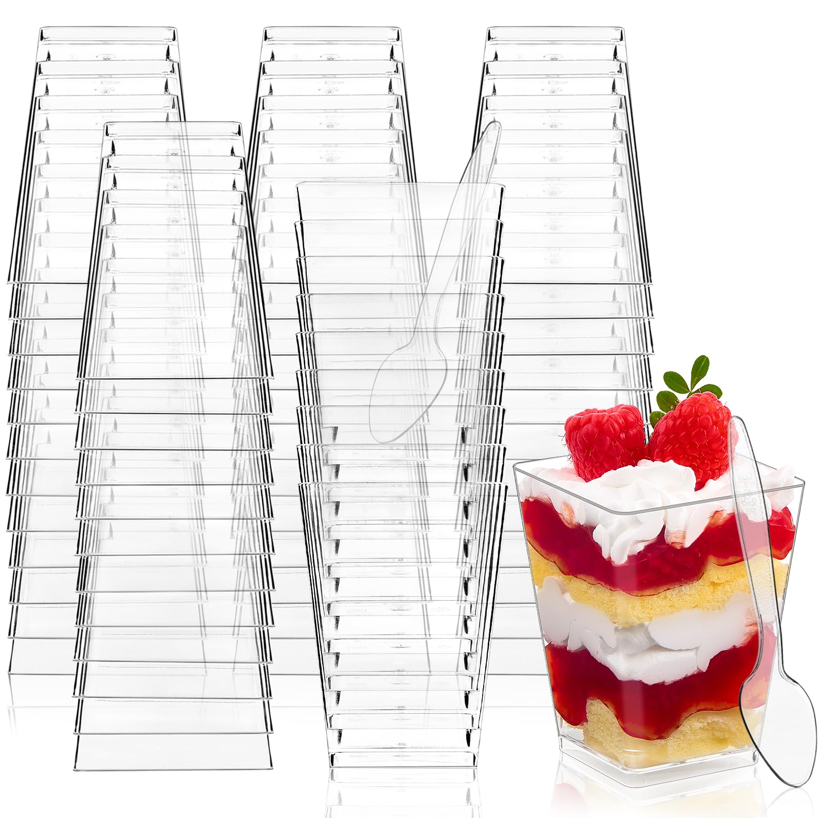 Kucoele 50 Pack 5oz Mini Dessert Cups with Spoons, Square Plastic Yogurt Parfait Cups Clear Dessert Shooter Cups for Pudding, Appetizer, Ice Cream, Fruit, Mousse