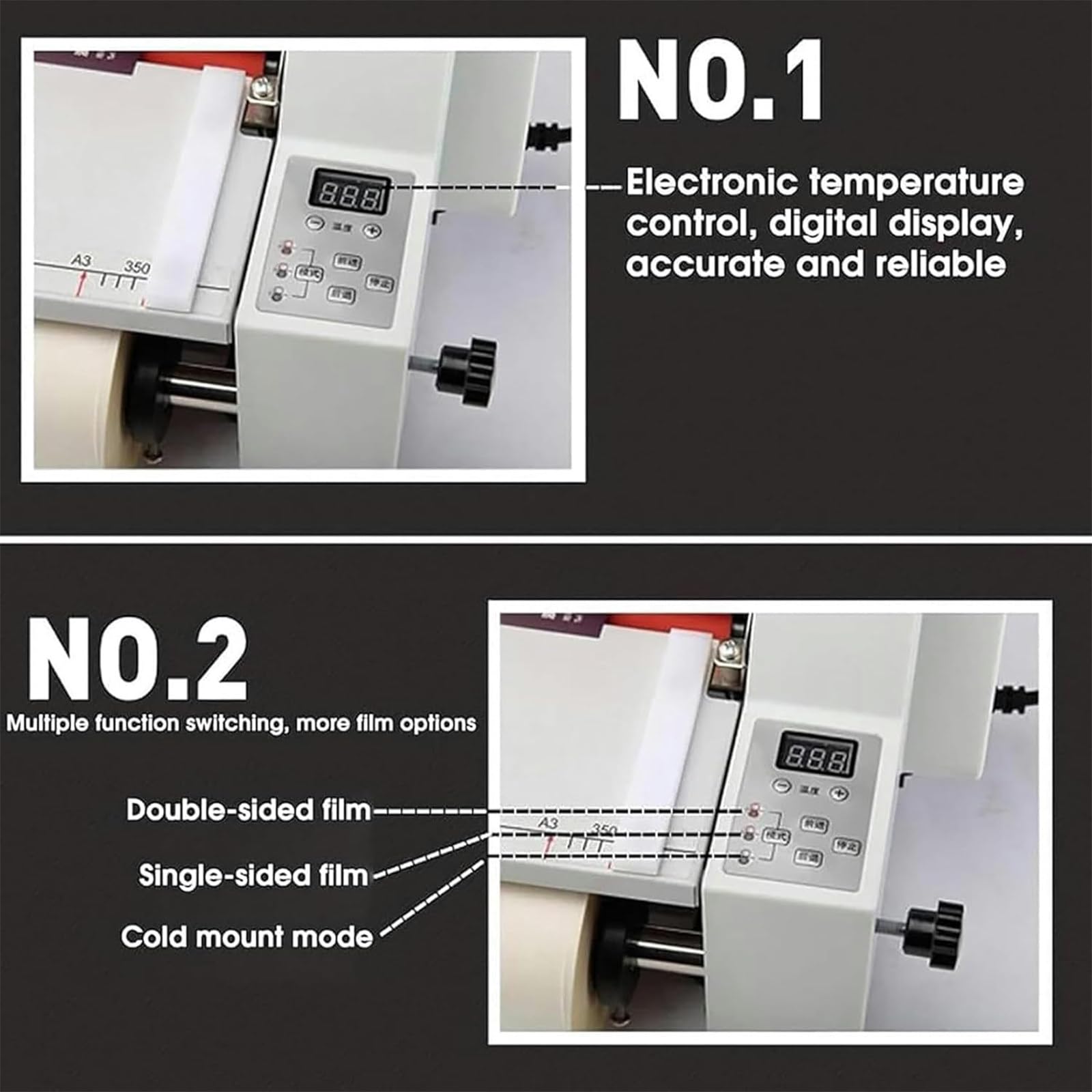 Laminatore a Caldo e a Freddo, Macchina per laminazione con Display Digitale a Doppio Lato, Controllo Elettronico della Temperatura, Larghezza Massima 350 mm