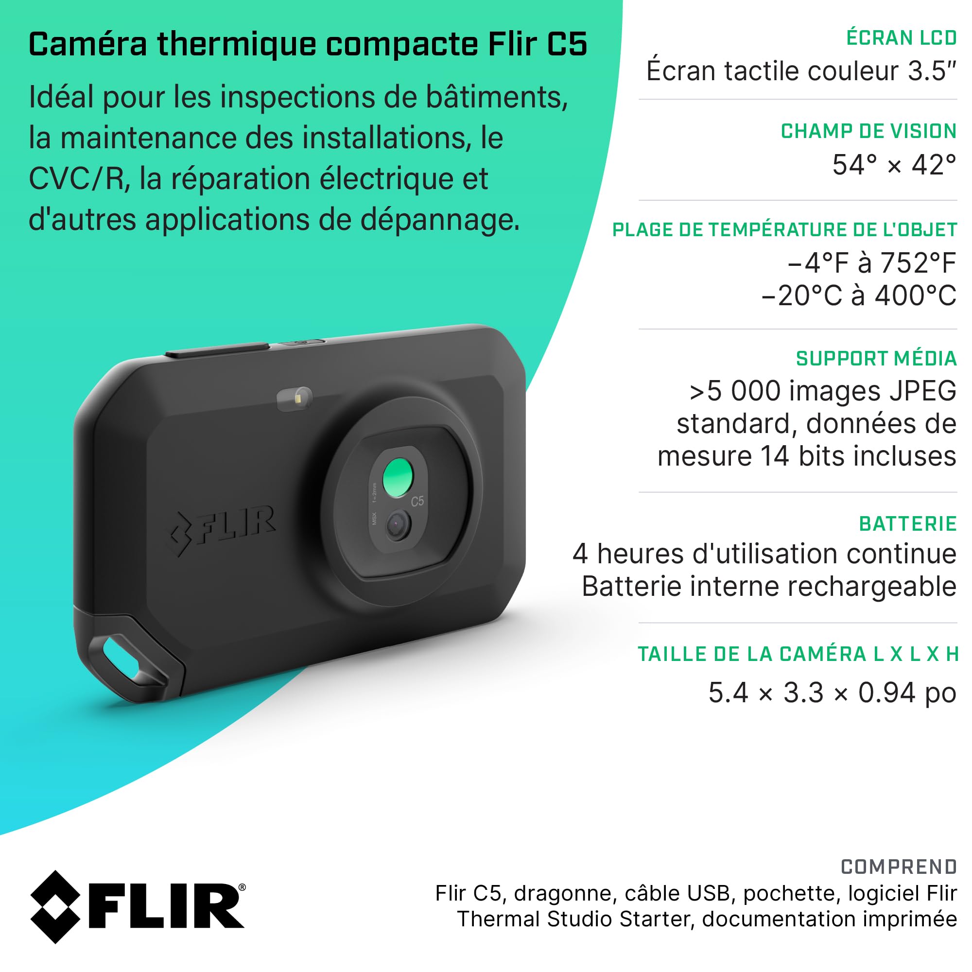 FLIR C5 Caméra Thermique Compacte Avec Wi-Fi: Imageur Infrarouge Haute Résolution Pour Applications D'Inspection, Électriques/Mécaniques, De Construction Et De CVC