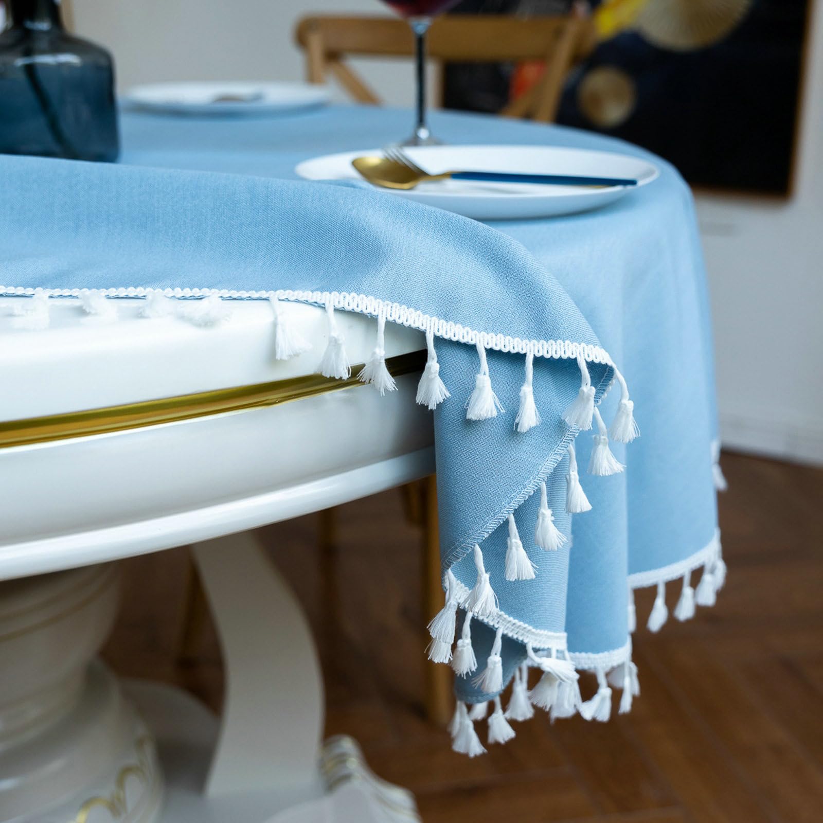 Gualiy Mantel Redondo de Tela, Poliéster Mantel Cocina Cafe Round 160CM Manteles de Mesa Antimanchas Color Sólido con Borlas Mantel para Mesa Cocina, Azul