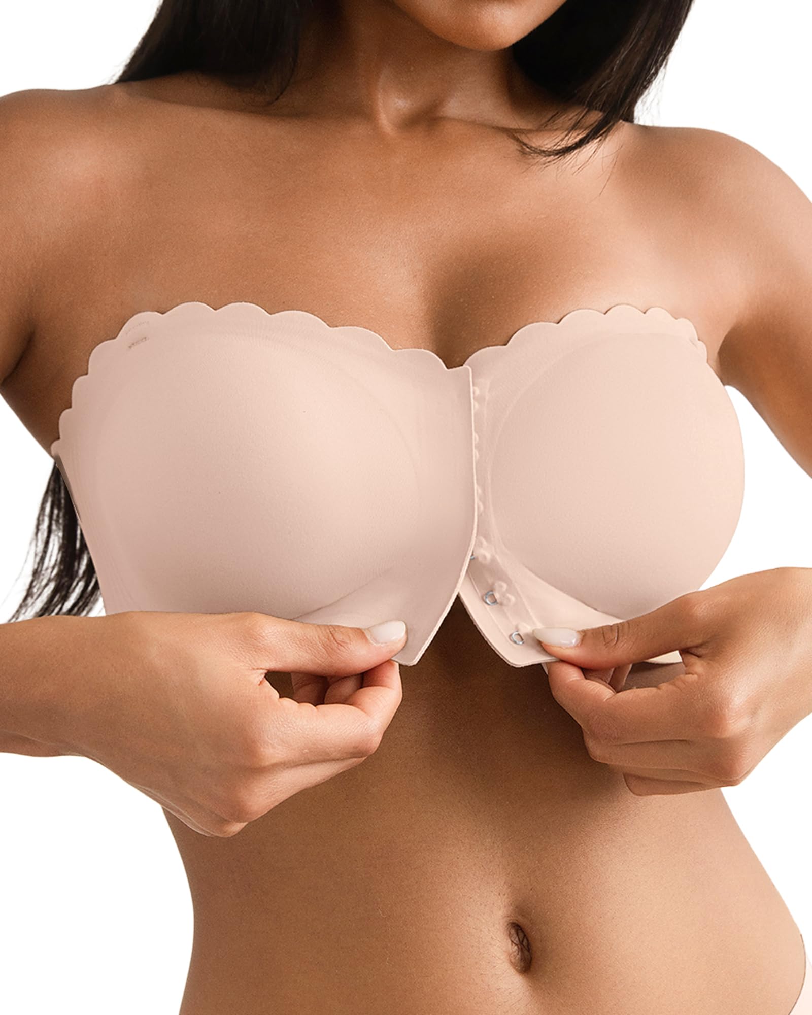 SHARICCA BH Ohne Träger Damen - Mit Verschluss Vorne Trägerloser BHS Bequem Rutschfestes Nahtlose Bandeau Top Mit Transparenten Trägern