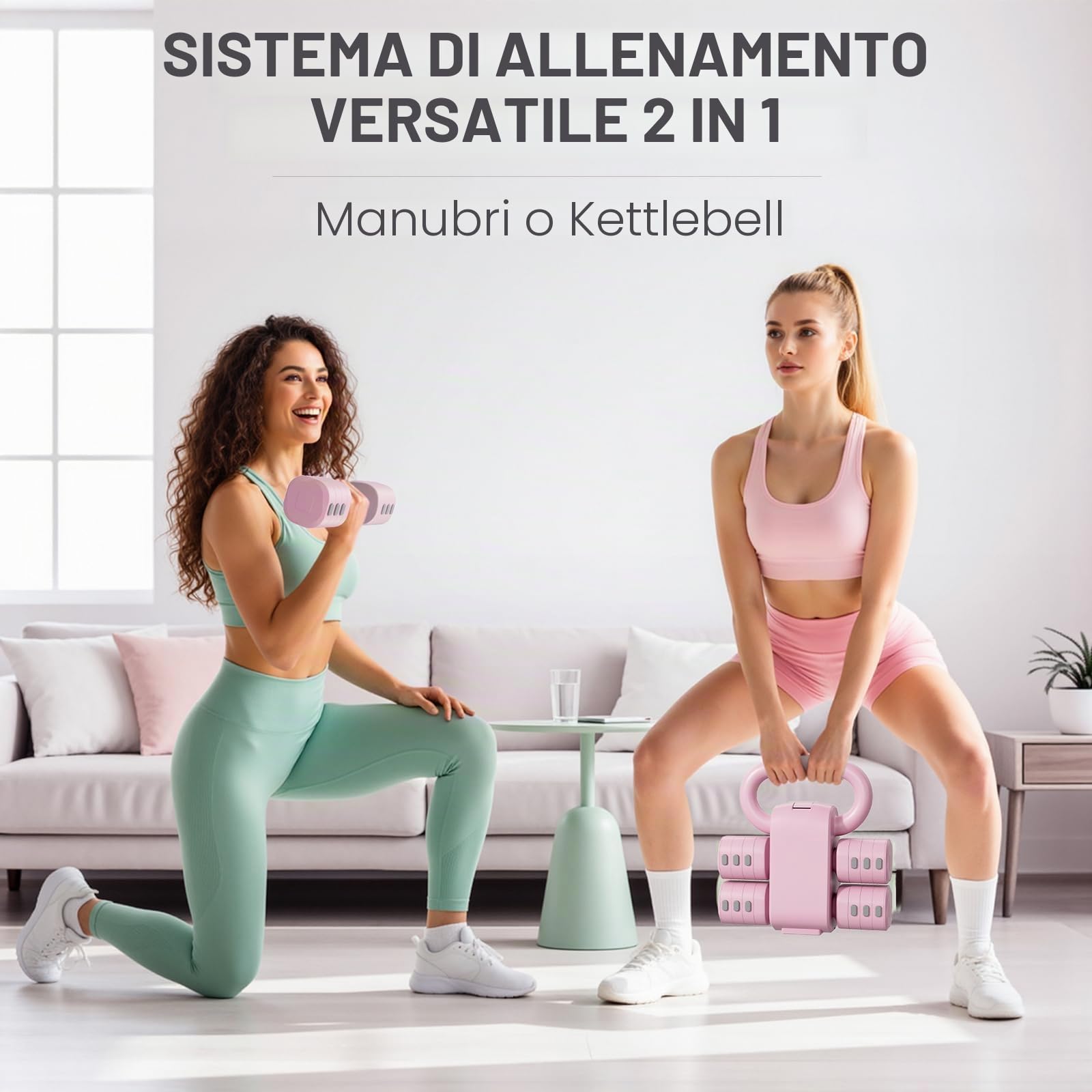 Set di 2 manubri regolabili 2 in 1, per donne e uomini, 4 livelli di peso con adattatore kettlebell, set di manubri per casa (Rosa)
