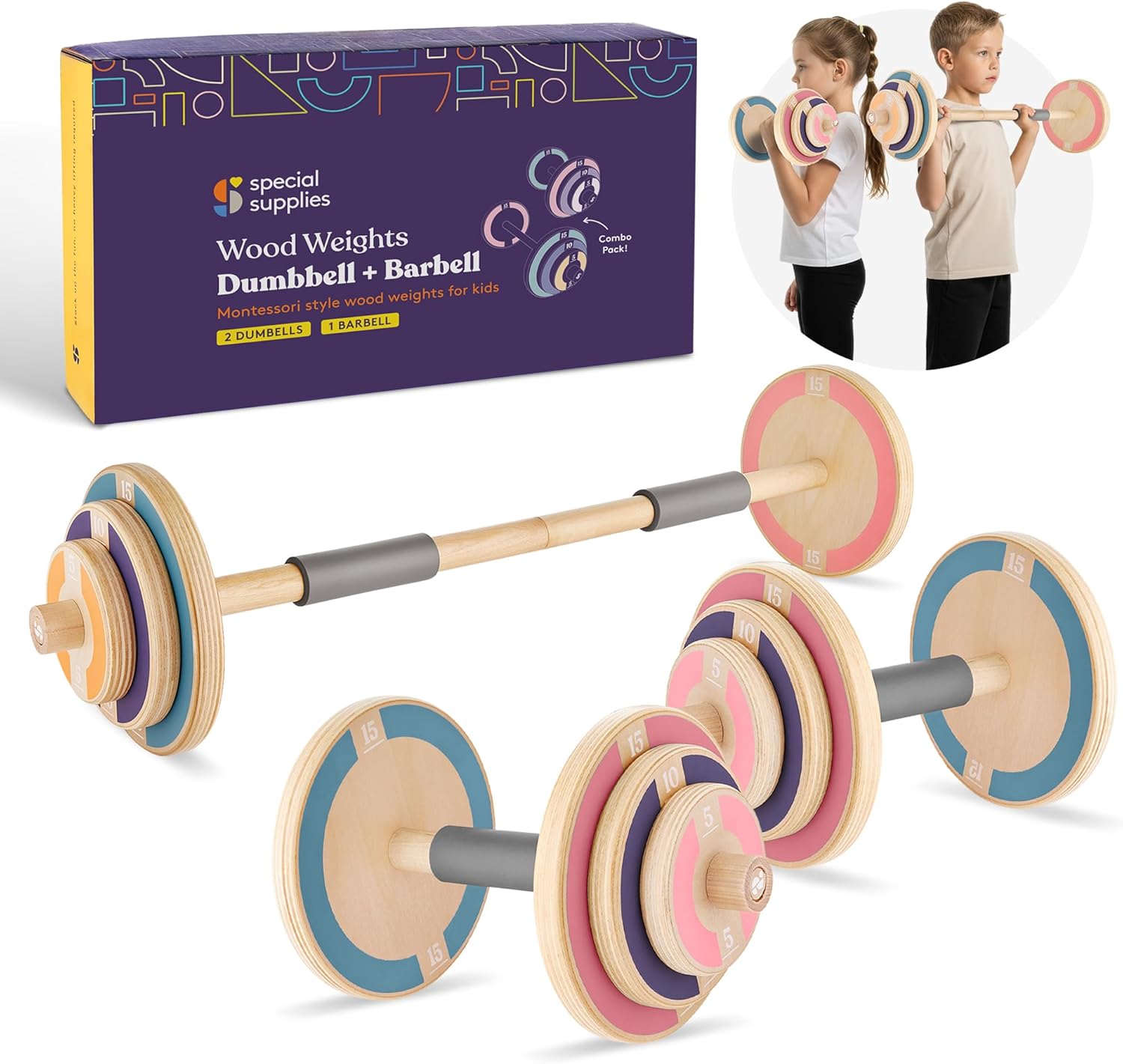 Special Supplies Kids Wooden Workout Play Weights Set - Adjustable Dumbbells and Barbell Set for Home Gym Equipment, Exercise Workout Set for School or Home Fitness Activities, Pastel Colors (Set of 1 Barbell and 2 Dumbbells)
