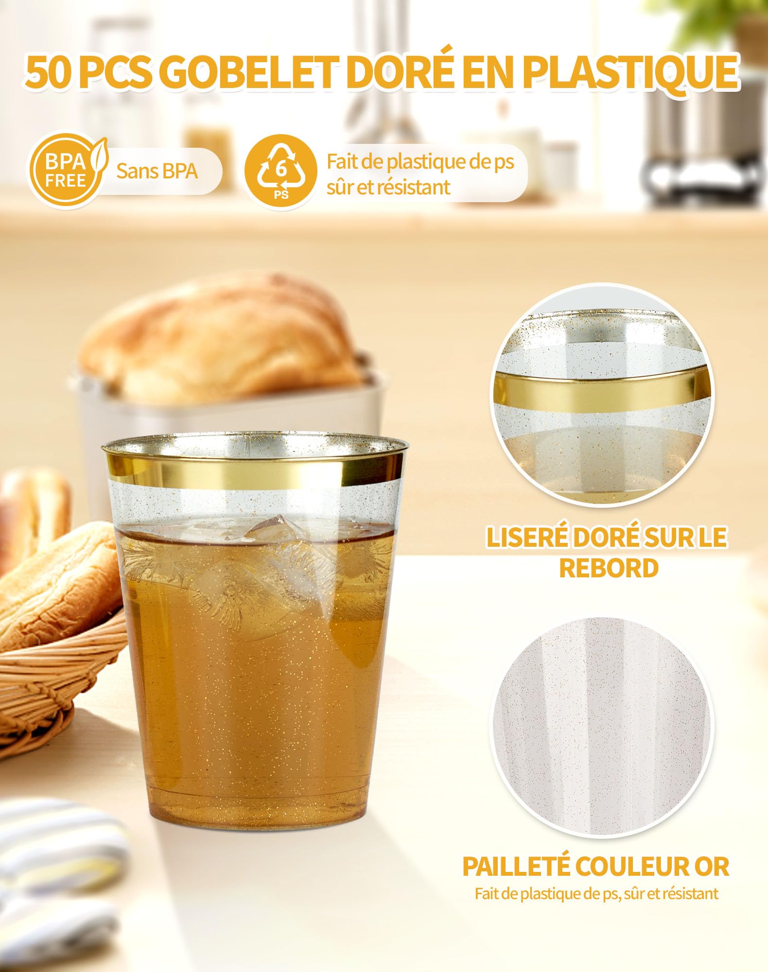 Verre à Eau Réutilisable Plastique Or Recyclable 20 Cl Par 6