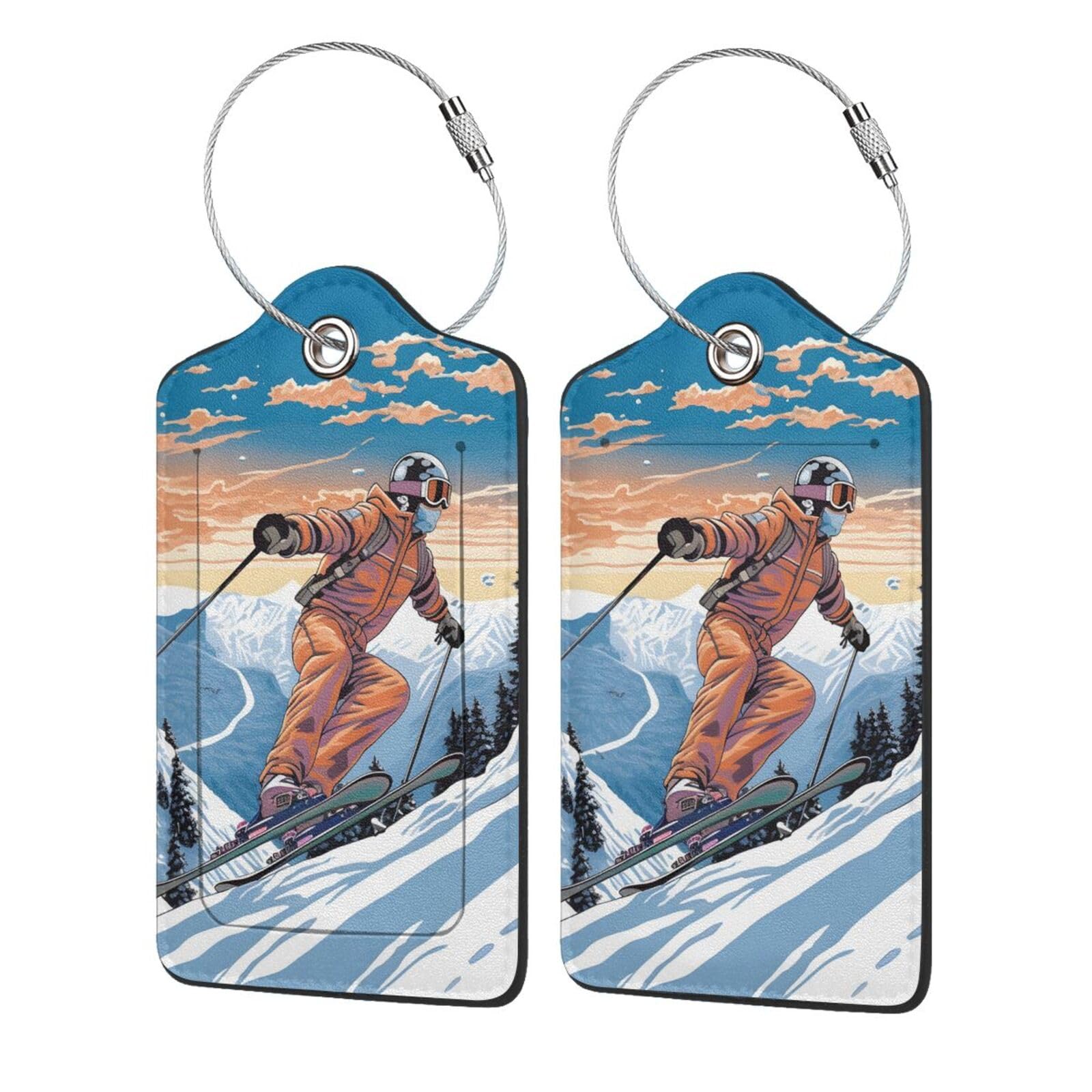 HSYOYO Winter Skiing Leather Luggage Tags with Stainless Steel Loop 2 Pack Suitcase Tags Travel Luggage Identifiers for Suitcases Privacy Cover Name
