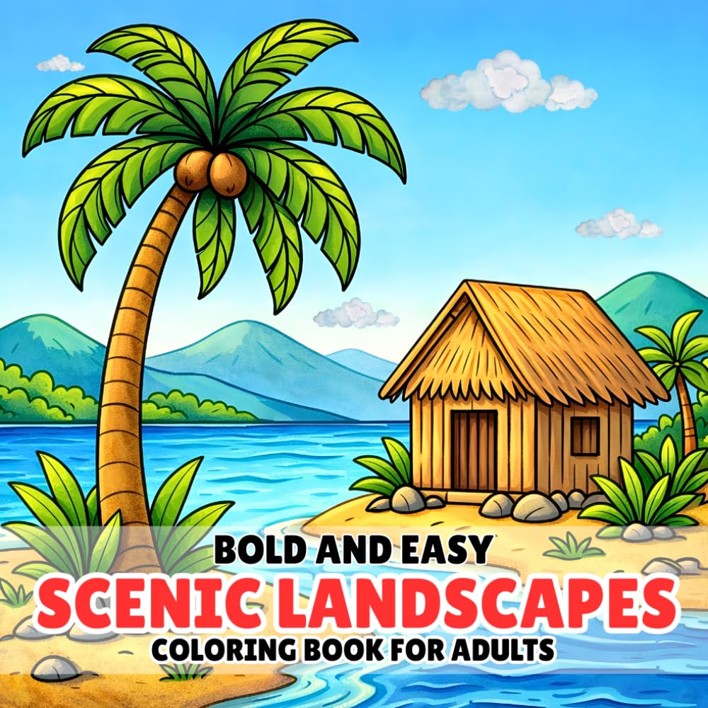 Bold and Easy Scenic Landscapes Coloring Book for Adults: Simple Nature Views, Mountains, Lakes, Forests and Countryside Scenes for Relaxation and Stress Relief