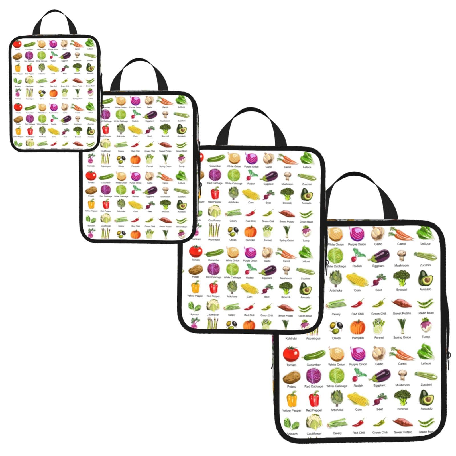 Introduction of various vegetables Print 4 Set Compression Packing Cubes for Suitcases,Expandable Storage Bag Organizers