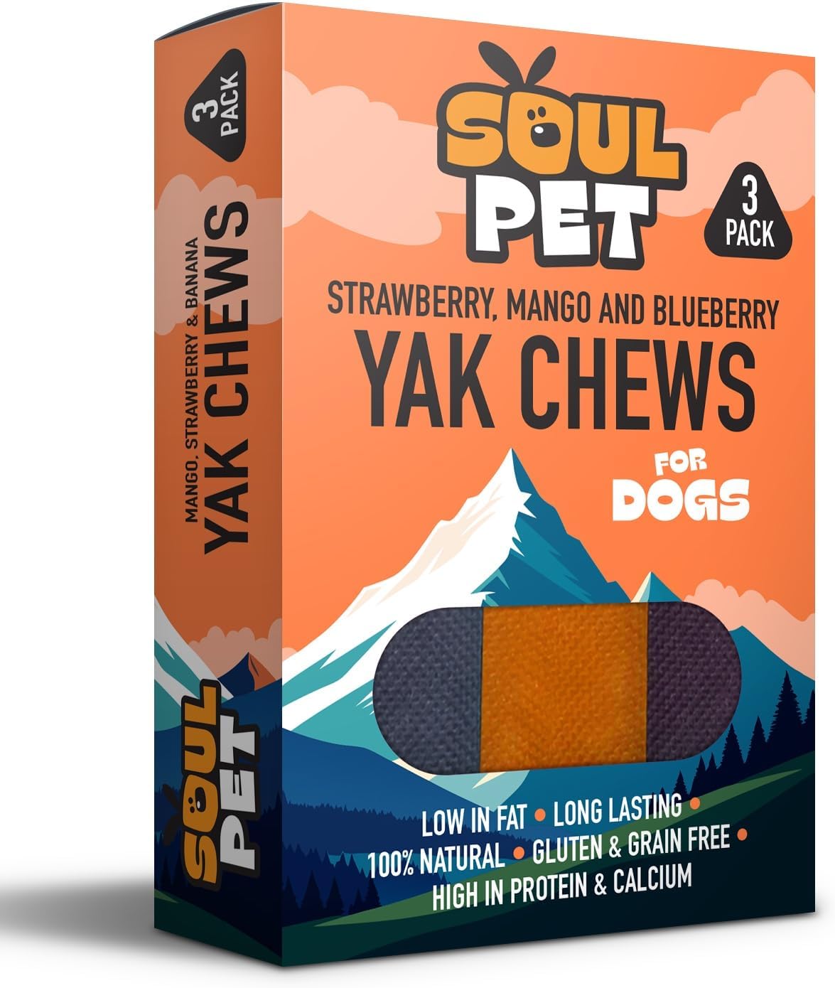 – Box of 3 Yak Chews for Dogs | Strawberry, Mango, Blueberry 225 g | Natural Himalayan Cheese Treats Long-Lasting, Grain-Free, Vitamin & Antioxidant-Rich Dental Chews