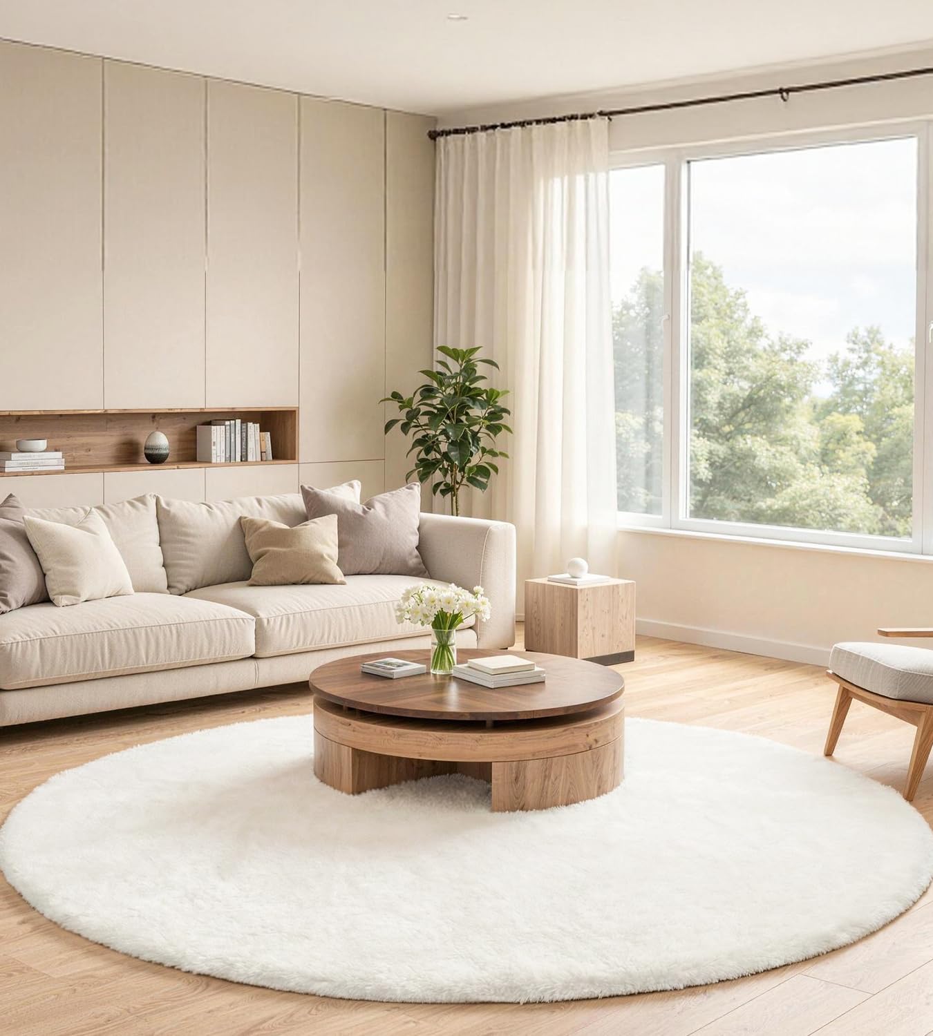 ROHATIM Teppich Rund 90 cm Creme, Flauschiger Kunstfell Teppich in Kaninchenfell-Optik, Ultraweich & rutschfest, Waschbares Deko-Fell für Wohnzimmer und Schlafzimmer