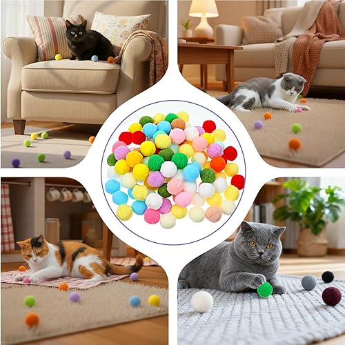 Miniatura 6 de 100 bolas de juguete para gatos, bolas interactivas de felpa suave de 1 pulgada para gatos peludos gatitos, juguete silencioso para gatos y mascotas