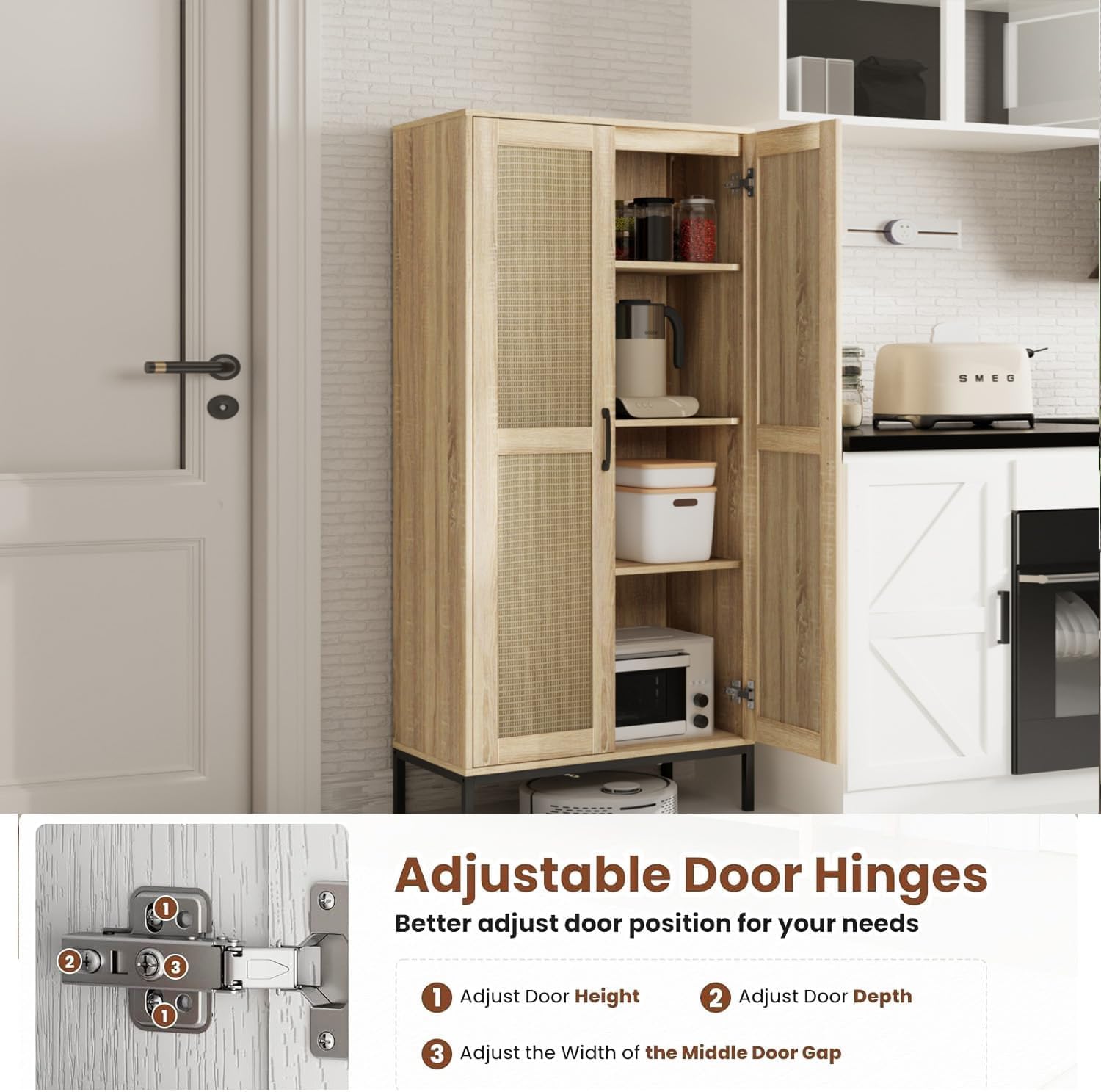 60" Tall Kitchen Pantry with 2 Rattan Doors and 3 Adjustable Shelves,Freestanding Cupboard Storage Cabinet for Kitchen, Laundry Room, Dinning Room and Living Room,Natural