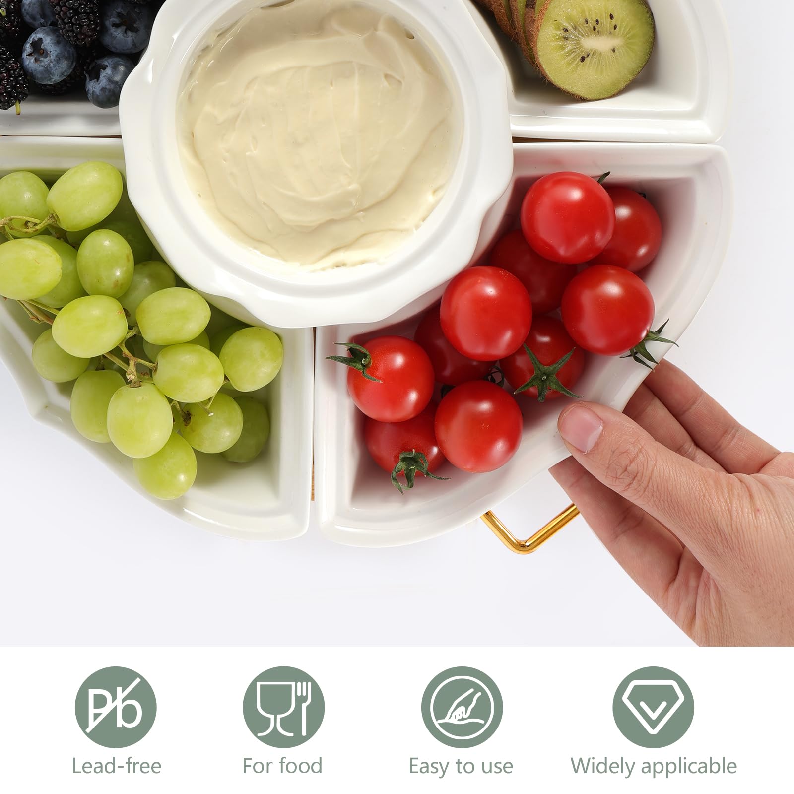 PLAPITATE Bandejas y platos para servir fiestas, bandeja de cerámica para servir Lazy Susan con secciones divididas, bandeja giratoria para servir aperitivos, para frutas, verduras, patatas fritas y