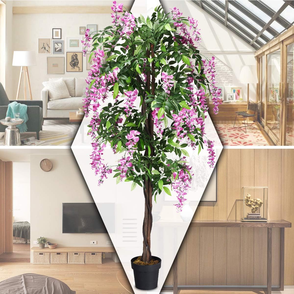Artificial Wisteria Tree 6ft, Purple Red Wisteria w/Pot, Flowers, 2 Trunks, 1260 Leaves, Tall Artificial Trees Potted Plants for Outdoors, Home, Office, Garden, Living Room