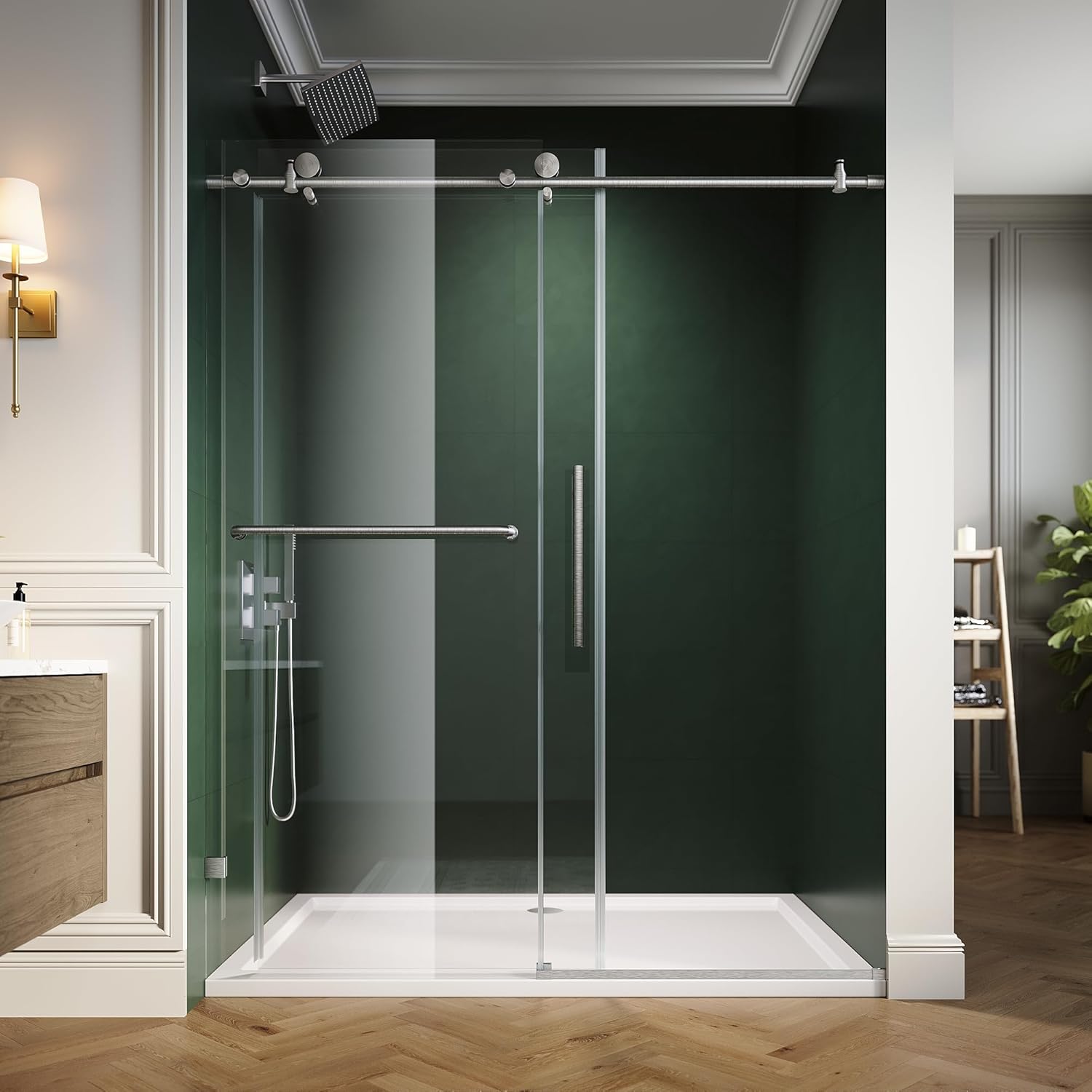 ELEGANT Frameless Sliding Shower Door 60" W x 72" H, Adjustable 56-60" Width, 5/16" (8mm) Tempered Glass, Stainless Steel Towel Bar, Brushed Nickel Finish
