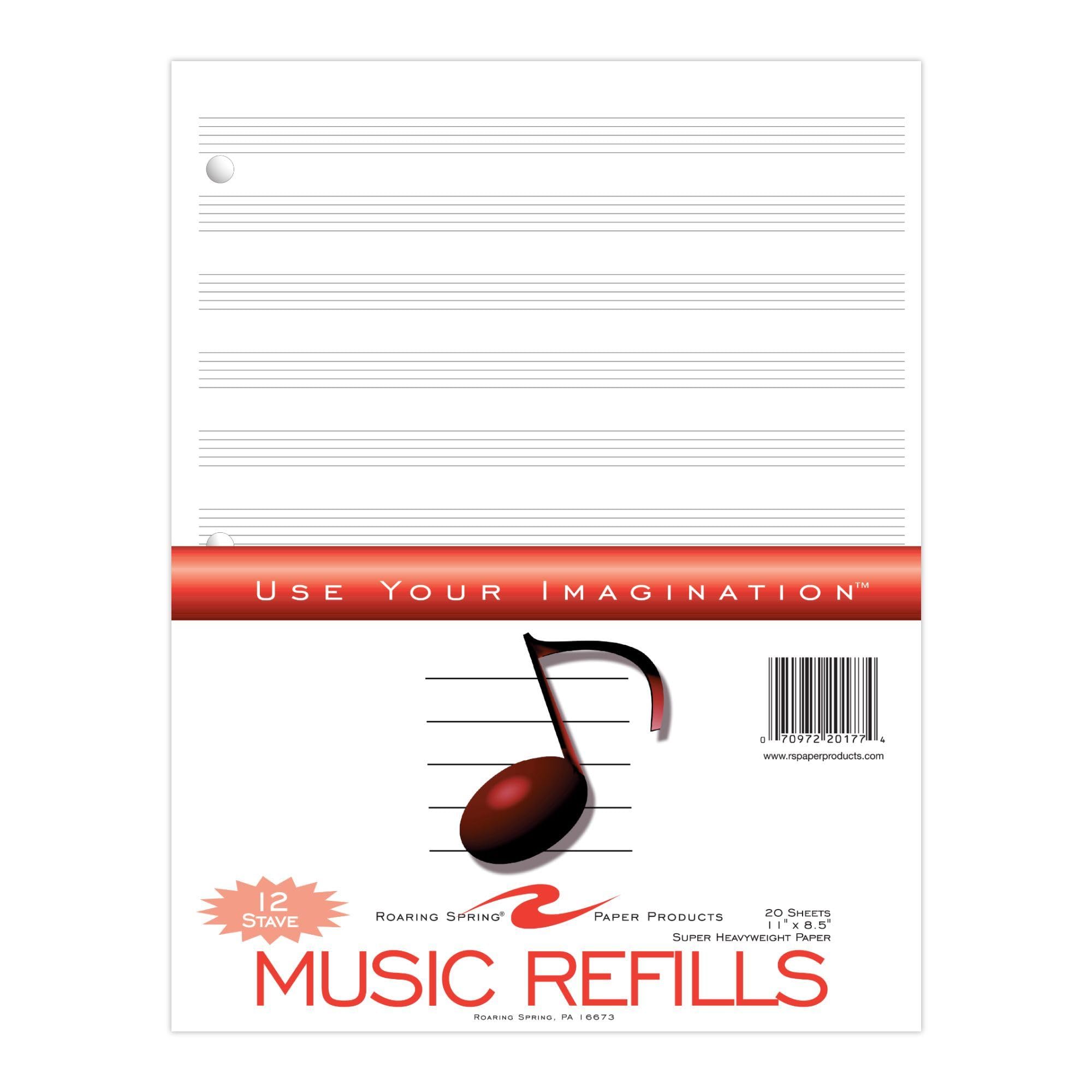 Loose Leaf Music Filler Paper, 20 Sheets 8.5"x11" with 12 Staves of Music Lines, Heavyweight 24# Smooth White Paper, 3 Hole Punched (Pack of 1)