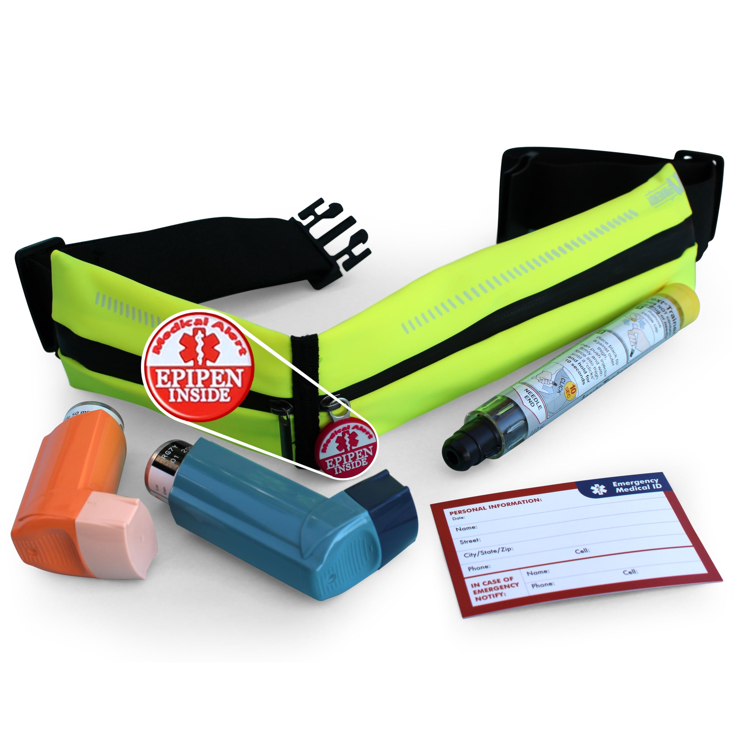 EpiPen Waist Belt with Medical Alert Tag – Fanny Pack for Epinephrine Auto-Injector & Inhaler – Adjustable Pouch for Kids & Adults – Outdoor & Sports Use – Lime Green