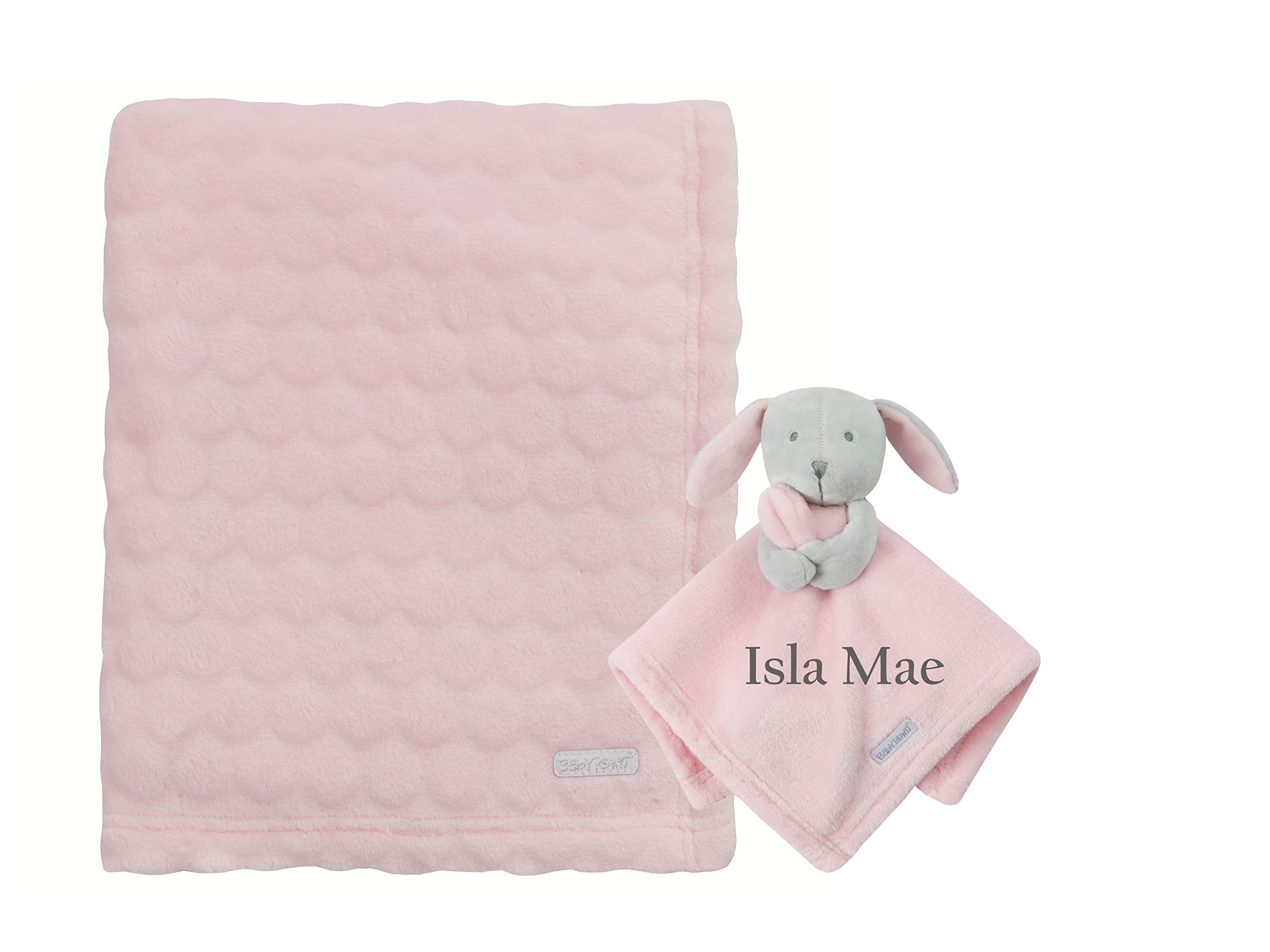 BABY TOWN Personalised Baby Comforter and Blanket Set Beautiful Keepsake Gift for Baby (Persoanlised Pink Bunny Pink Spot Blanket), 75cm x 75 cm