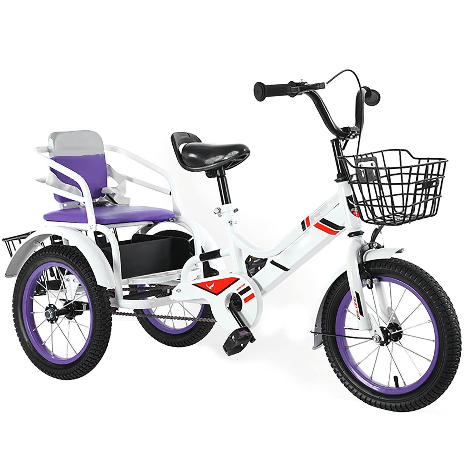 Purple,18 inches, Kids Double Seats Bike,Leisure Pedal Tricycle with Back Seat Large Capacity and Deep Storage Basket for Children Playground Sports Cruiser Bikes
