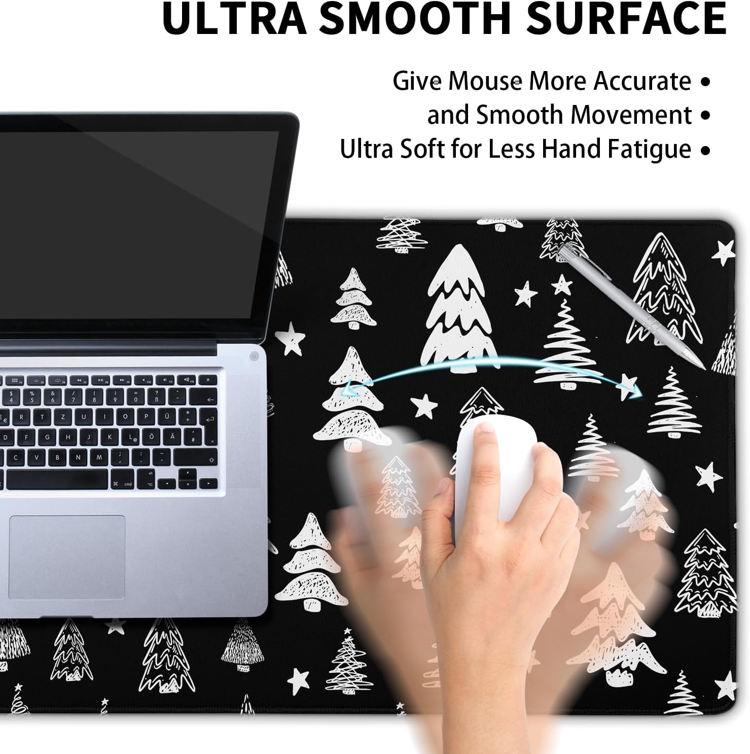 Black White Christmas Mouse Pad 35.4 X 15.7 Inch XXL Xmas Tree Holiday Extended Large Gaming Mousepad Keyboard Desk Mat Non-Slip Rubber Base Stitched Edges for Home Office