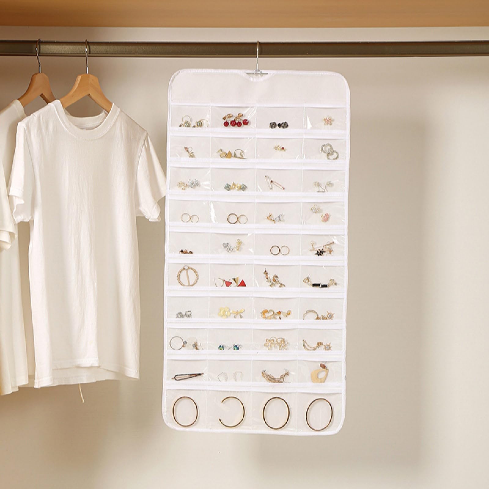 Organizer per Gioielli,Organizzatore di Gioielli da Appendere,Storage Doppia Faccia per Gioielli,Hanging Jewelry Organizer per Armadio,Doppia Faccia Porta Gioielli da Appendere con 48 Tasche(bianco)