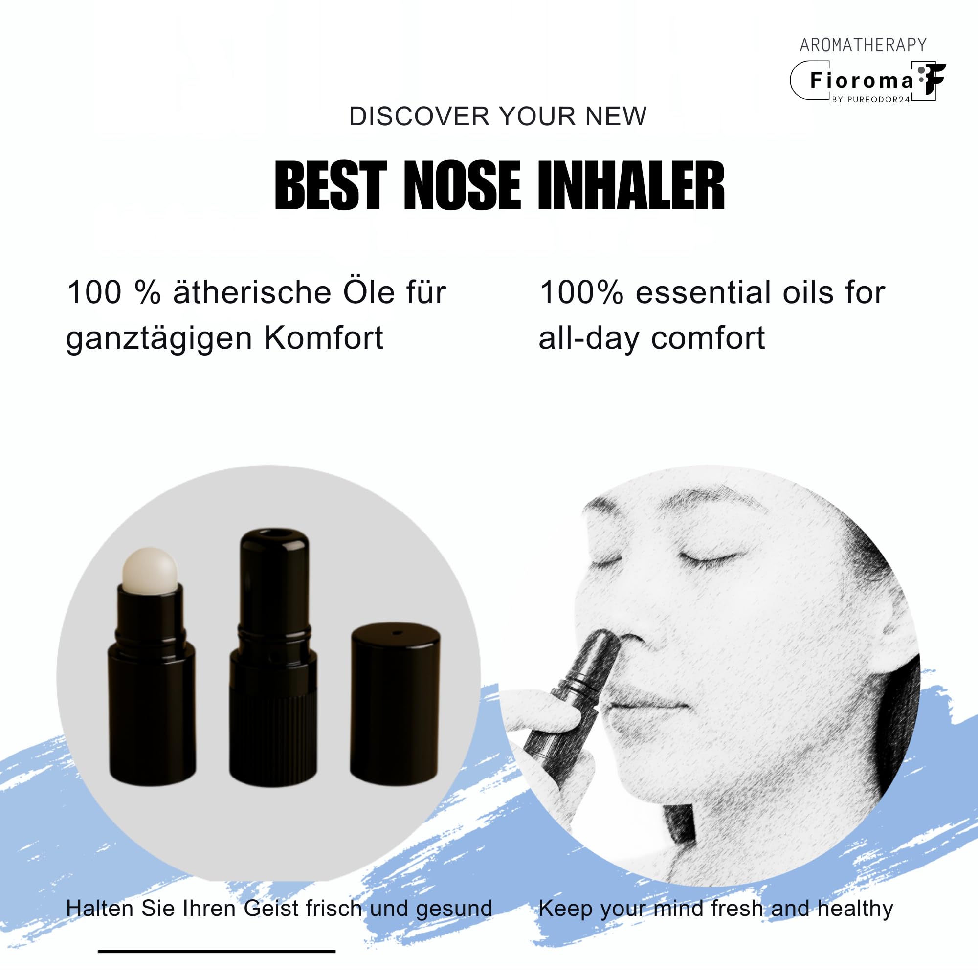 FIOROMA Premium inhalator do nosa z roll-on – kij do aromaterapii ze 100% naturalnymi olejkami eterycznymi – 7 wariantów zapachowych – przenośny i wielokrotnego użytku (Lemon La Lagoon)
