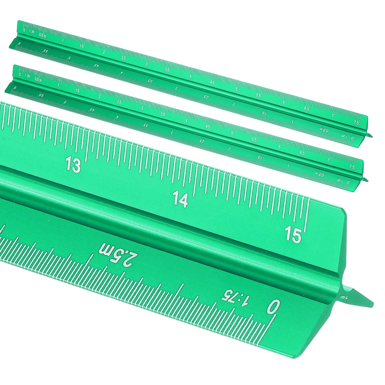 sourcing map 2 Pcs Architectural Scale Ruler, 12 Inch Metric Aluminum Alloy Architect Triangular Small Scale Laser-Etched Blueprint Drafting Ruler for Architects Engineers, Green
