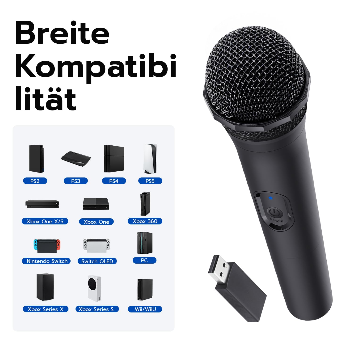 Mcbazel 2 Stück Kabelloses Gaming-Mikrofon mit Niedriger Latenzzeit für PS5, PS4 (Pro), PS3, PS2, Xbox (Series X/S, One, 360), Nintendo Switch (OLED, Gen 2), Wii (U-Modell), PC