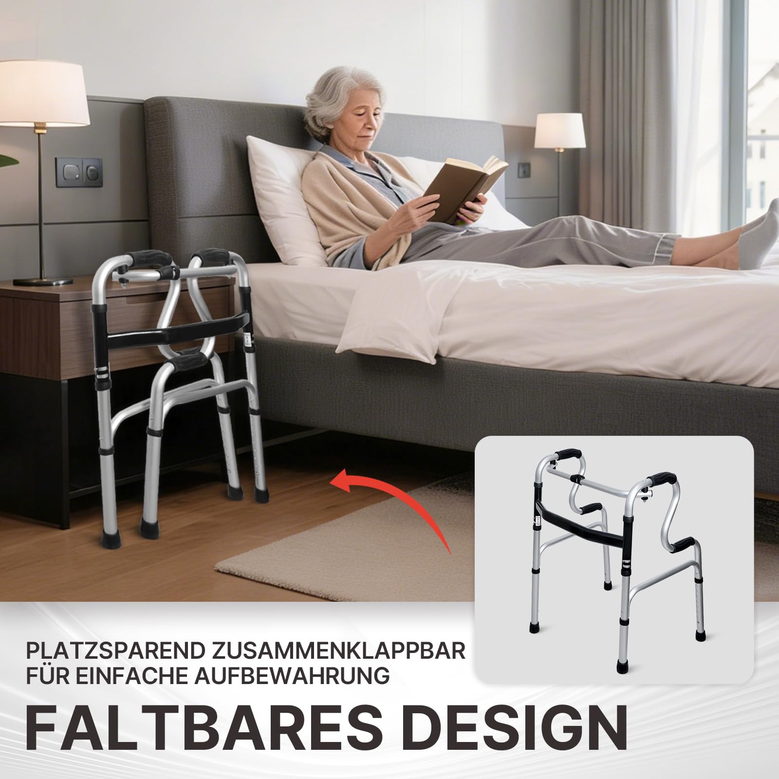 Składany wózek spacerowy z aluminium 6063-T5, regulacja wysokości (77-95 cm), tryb fix i wibracja 2 w 1, antypoślizgowe uchwyty, czteropunktowa stopka, obciążenie do 100 kg – pomoc dla seniorów i