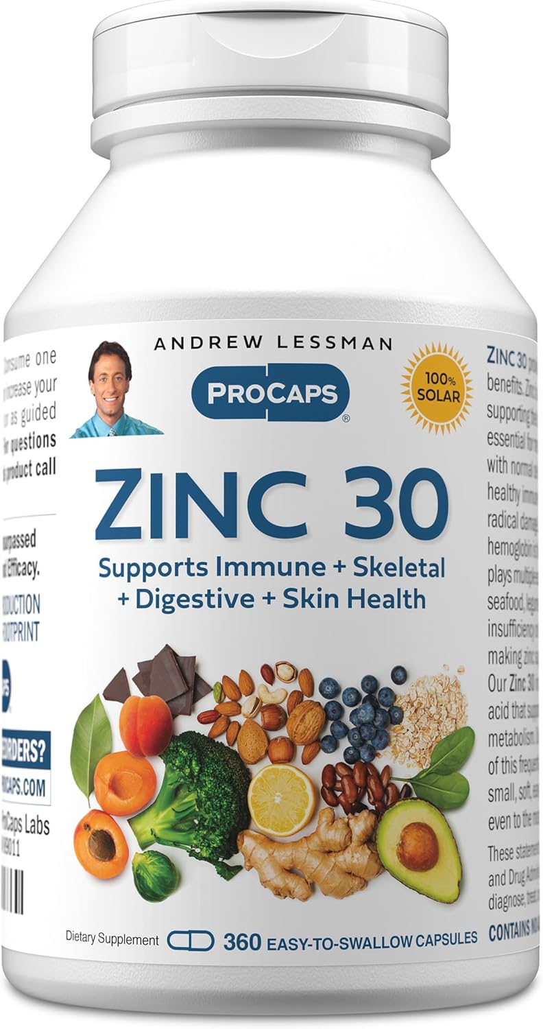 ANDREW LESSMAN Zinc 30mg - 360 Capsules - Highly absorbable Zinc Citrate. Supports Immune, Skeletal, Digestive and Skin Health. Small Easy to Swallow Capsules. No Additives