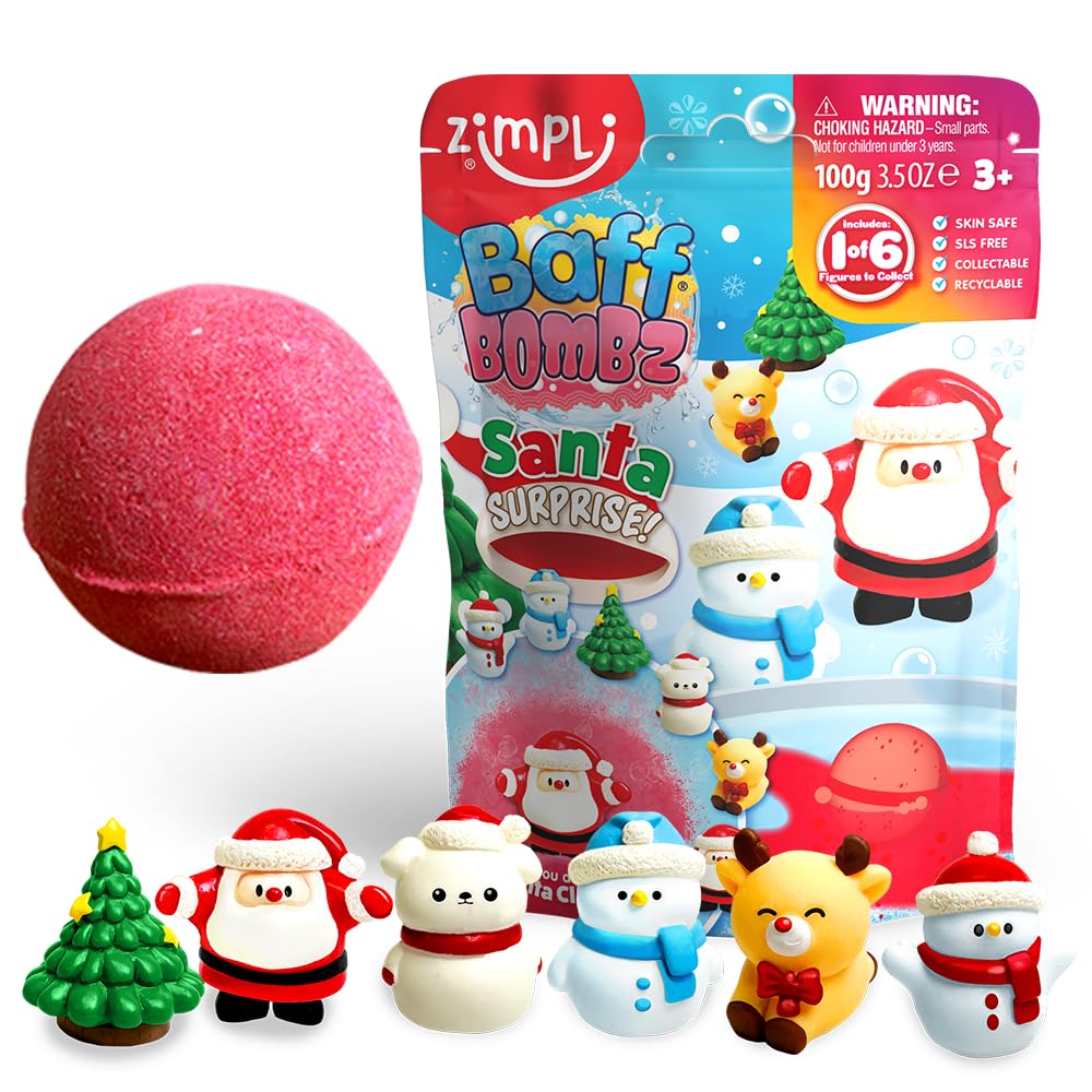 ZIMPLI - Large Santa Surprise Bath Bomb, Contains 6 Surprise Christmas Toys to Collect in Total, One per Baff Bomb, Stocking Filler for boys girls 4 5 6 7 8 9