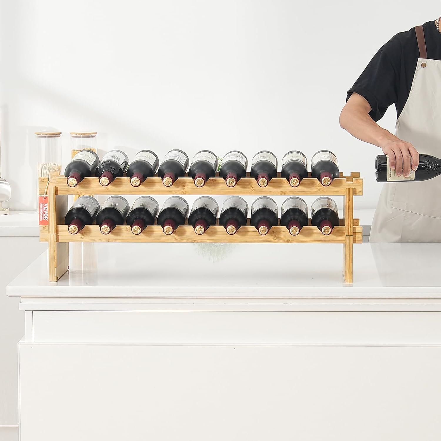 VEVOR 18 Bottle Stackable Modular Wine Rack, 2-Tier Solid Bamboo Wood Storage Racks, Floor Freestanding Wines Holder Display Shelf, Wobble-Free Shelves for Kitchen, Bar, and Cellar (Natural Color)