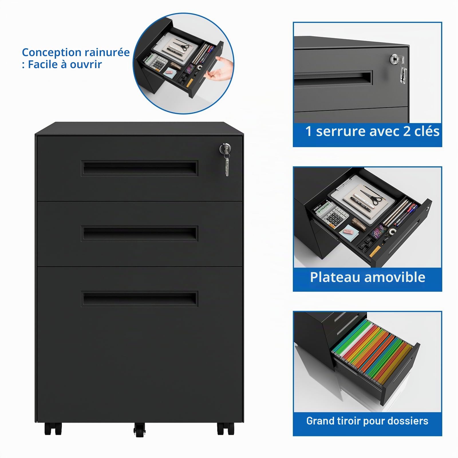 Dripex Caisson Bureau 3 Tiroirs, Caisson de Bureau Métal avec roulettes et Serrure pour Rangement de Documents et Dossier Suspendu pour Travail, Bureau à Domicile, 45 x 39 x 60 cm - Noir