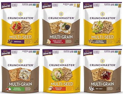 Crunchmaster - Paquete variado de galletas sin gluten multisemillas y multigrano, 4 onzas (paquete de 6) en embalaje Sanisco