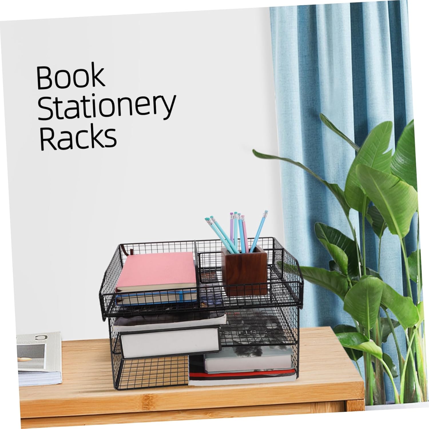 TEHAUX Iron Desktop Bookshelf Letter Rack Office Home File Rack Organizer Space Saving