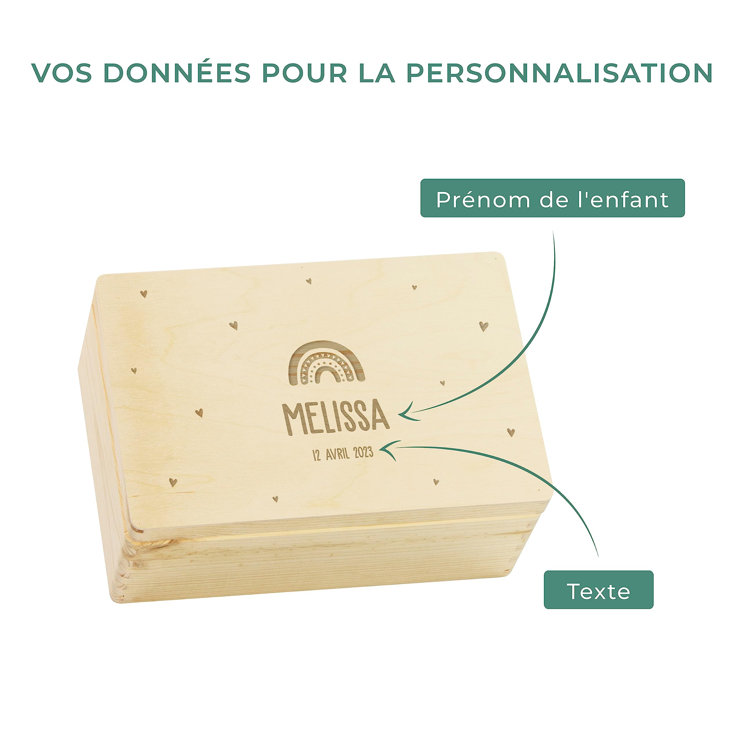 LAUBLUST Boîte à souvenirs bébé personnalisée - Cadeau de naissance avec nom, Arc-en-ciel avec cœurs, tailles S M L XL, bois naturel & blanc FSC