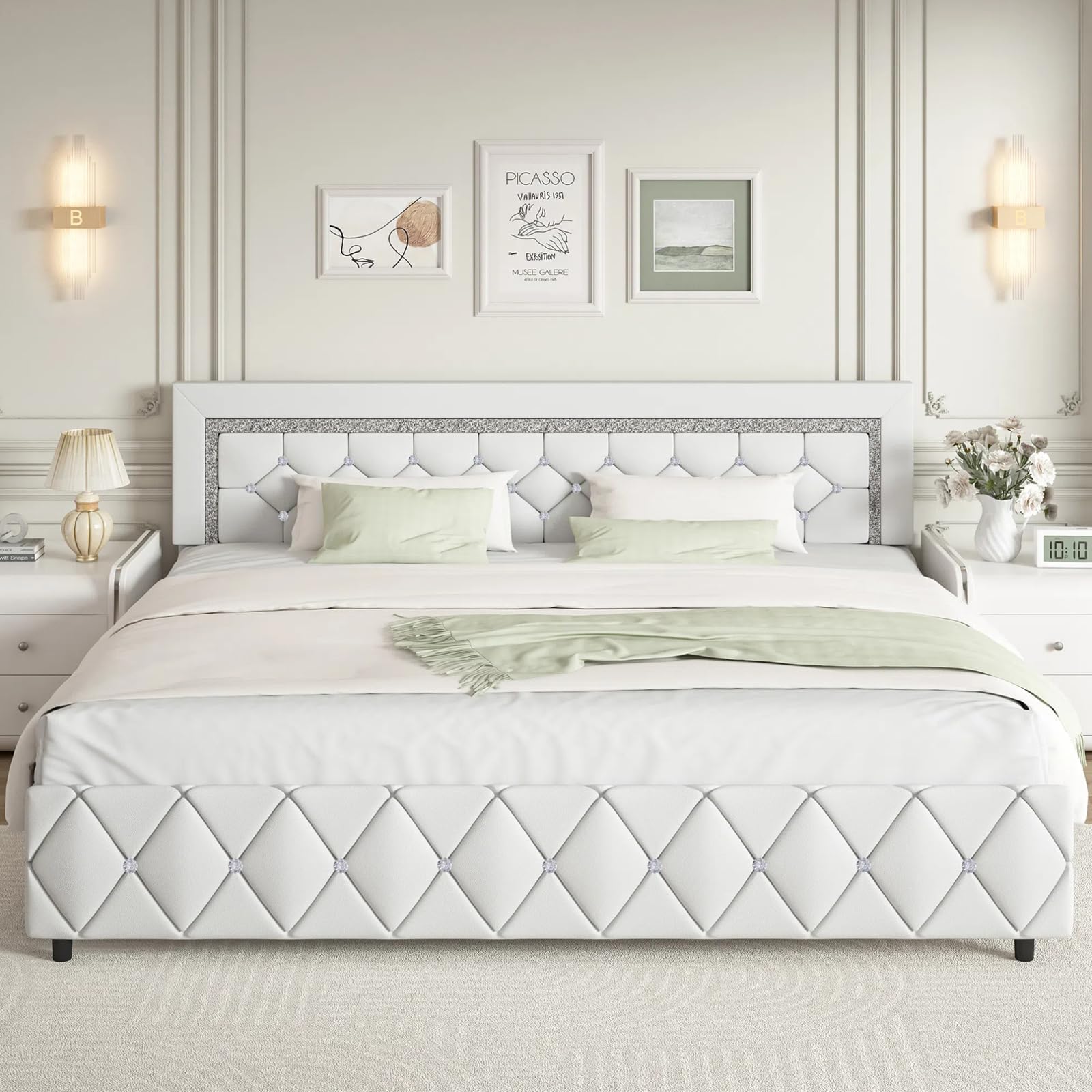 BarnFurin King Size Bed Frame and Headboard Faux Leather Upholstered Bed with Diamond Tufted Design Modern Platform Bed