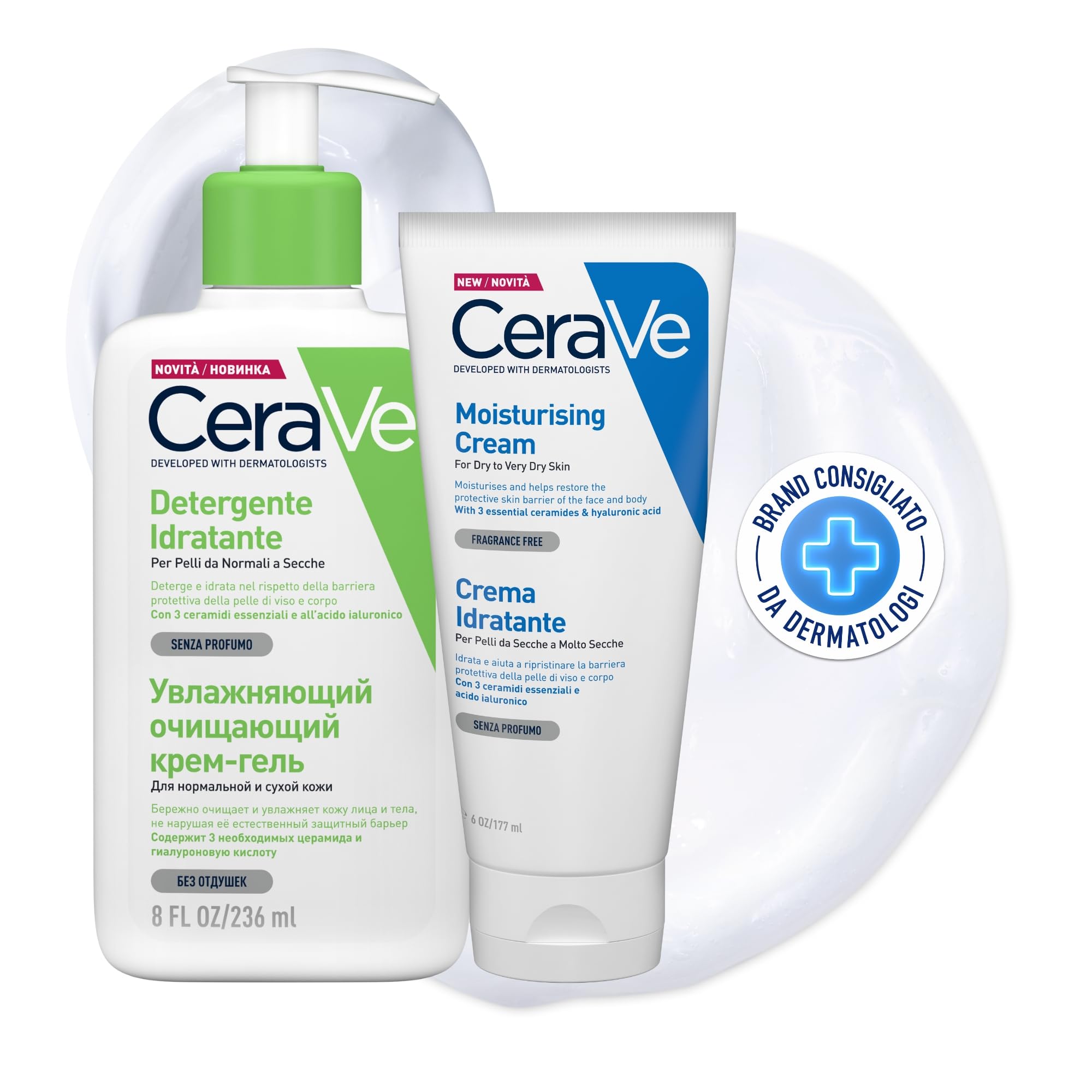 CeraVe Kit Skincare Pelle Secca, Crema Idratante Viso e Corpo, Per Pelle Secca, 177 ml + Detergente Idratante Viso, Per Pelli da Normali a Secche, Con Acido Ialuronico, 236 ml