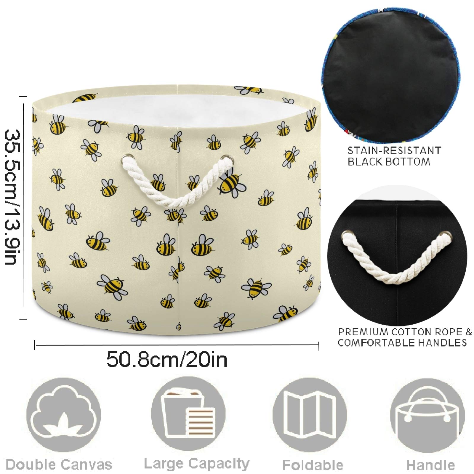 Visesunny Cute Bee Pattern Laundry Basket - Collapsible Fabric Storage Bin, 20x20x14 Inches, Water-Resistant - View #5