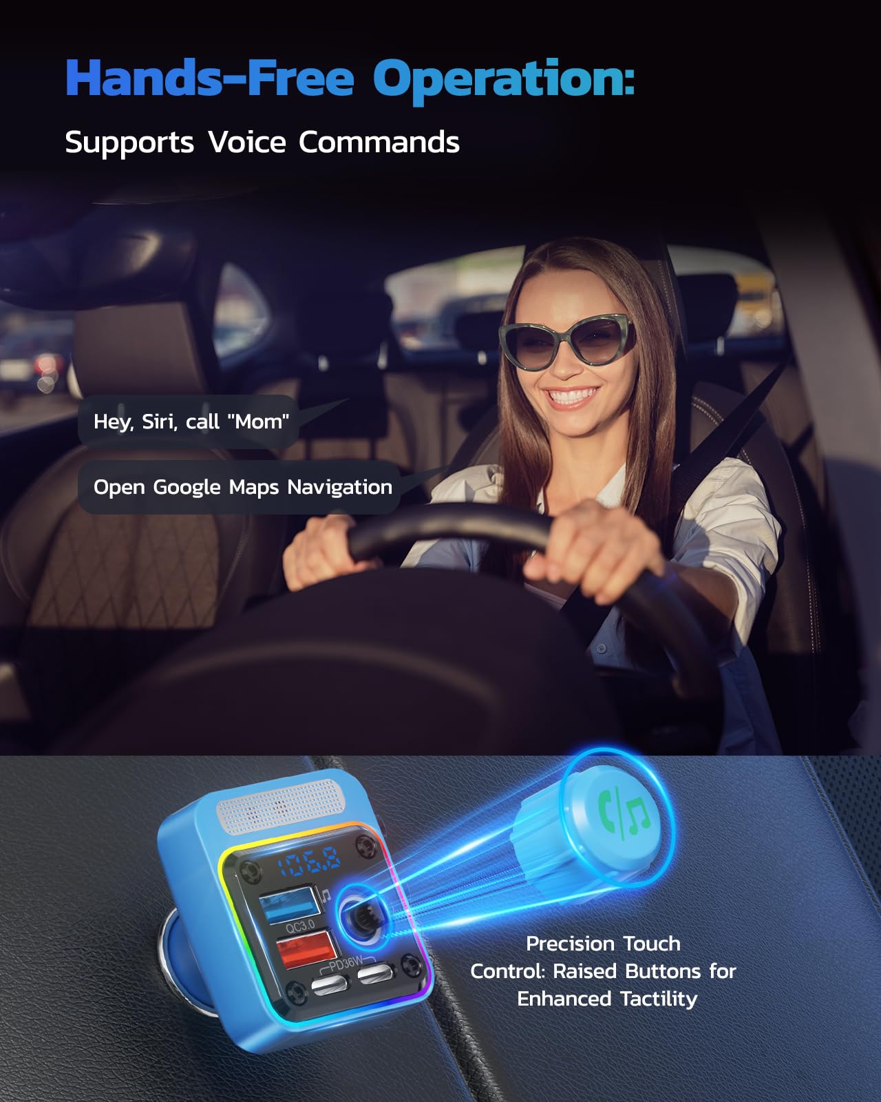 NULAXY 54W Adaptateur Chargeur Allume-Cigare Bluetooth 5.3 avec 4-Port Charge Rapide[PD 36W & QC3.0 18W], Transmetteur FM avec Basses Profondes, Éclairage 5-Couleur, Appels Mains-Libres, Bleu Clair
