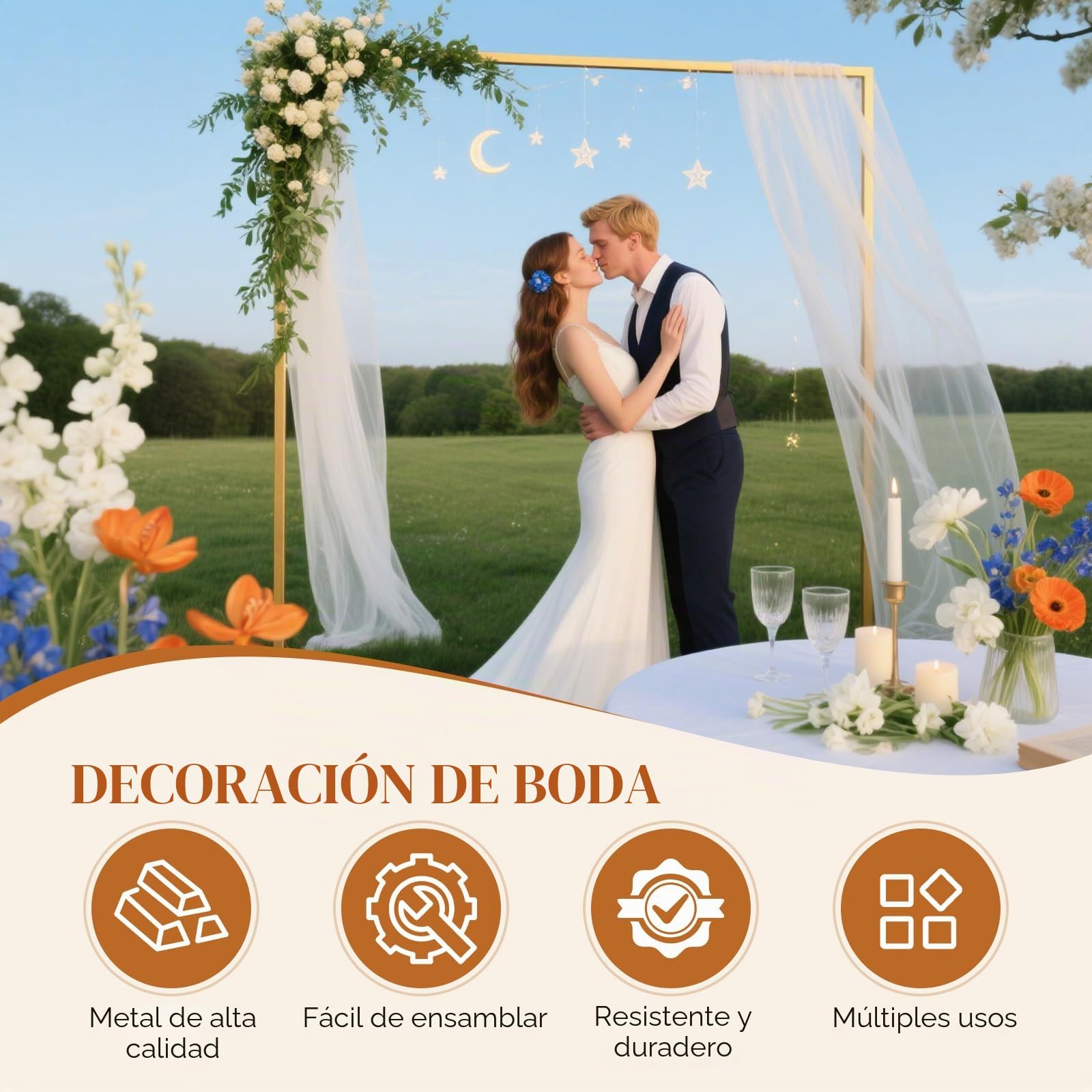Arco de Boda 2m x 2m de Metal Dorado - Soporte de Fondo Cuadrado para Ceremonia de Boda, Rincón de Fotos, Graduación, Cumpleaños y Decoración de Fiestas
