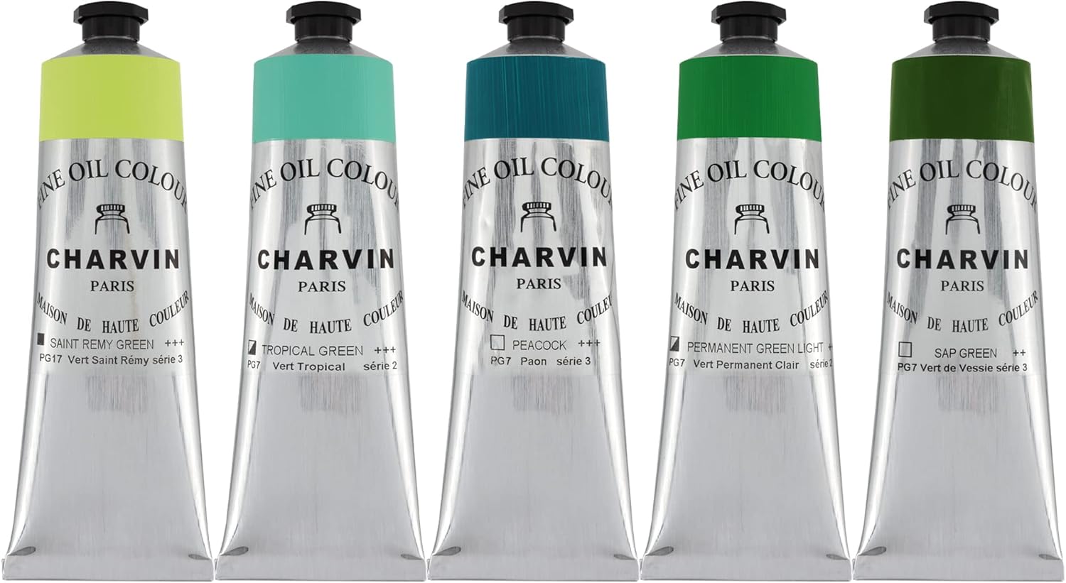 Charvin Fine Artists' Oil Paints - Elite Artists' Oils from The French Riviera for Painting, Classrooms, Plein Aire, & More! - [Greens Set 2-150 mL Set of 5]