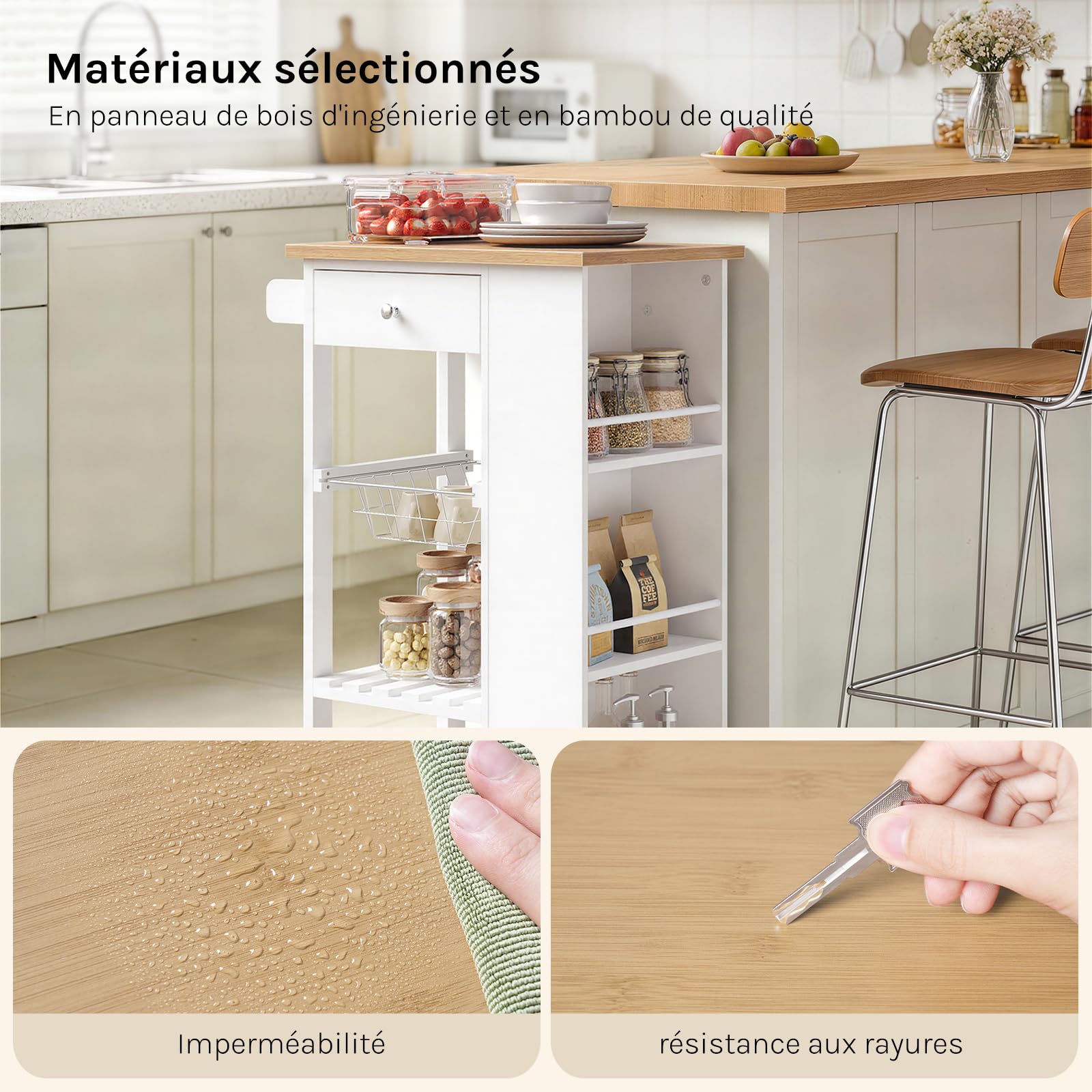 WOLTU Desserte à roulettes, Meuble Cuisine avec Plan de Travail, 1 Tiroir, 1 Panier en Grille, 1 Casier à Bouteilles et 3 Étagères Latérales, pour Cuisine, Salle à Manger, Salon, Bambou + Blanc