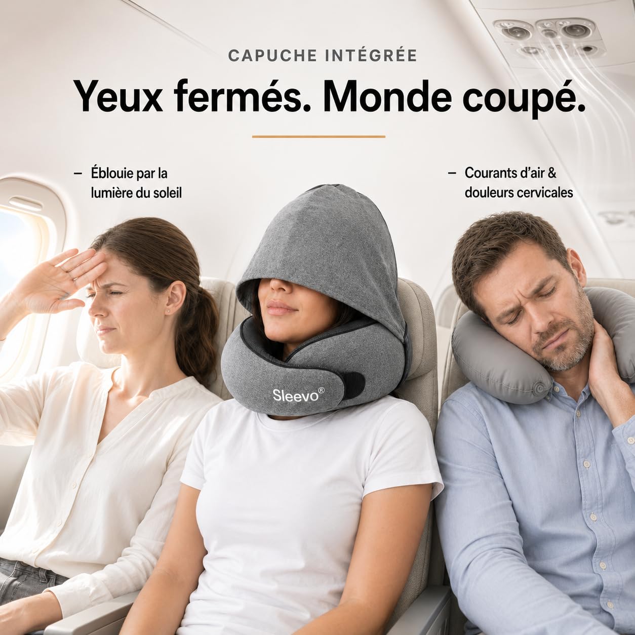 Pro Coussin de Nuque, Coussin de Voyage Avion - Coussin de Nuque de Voiture - Cale-Nuque pour Adulte - avec Capuche - Doux et Respirant (Gris L)