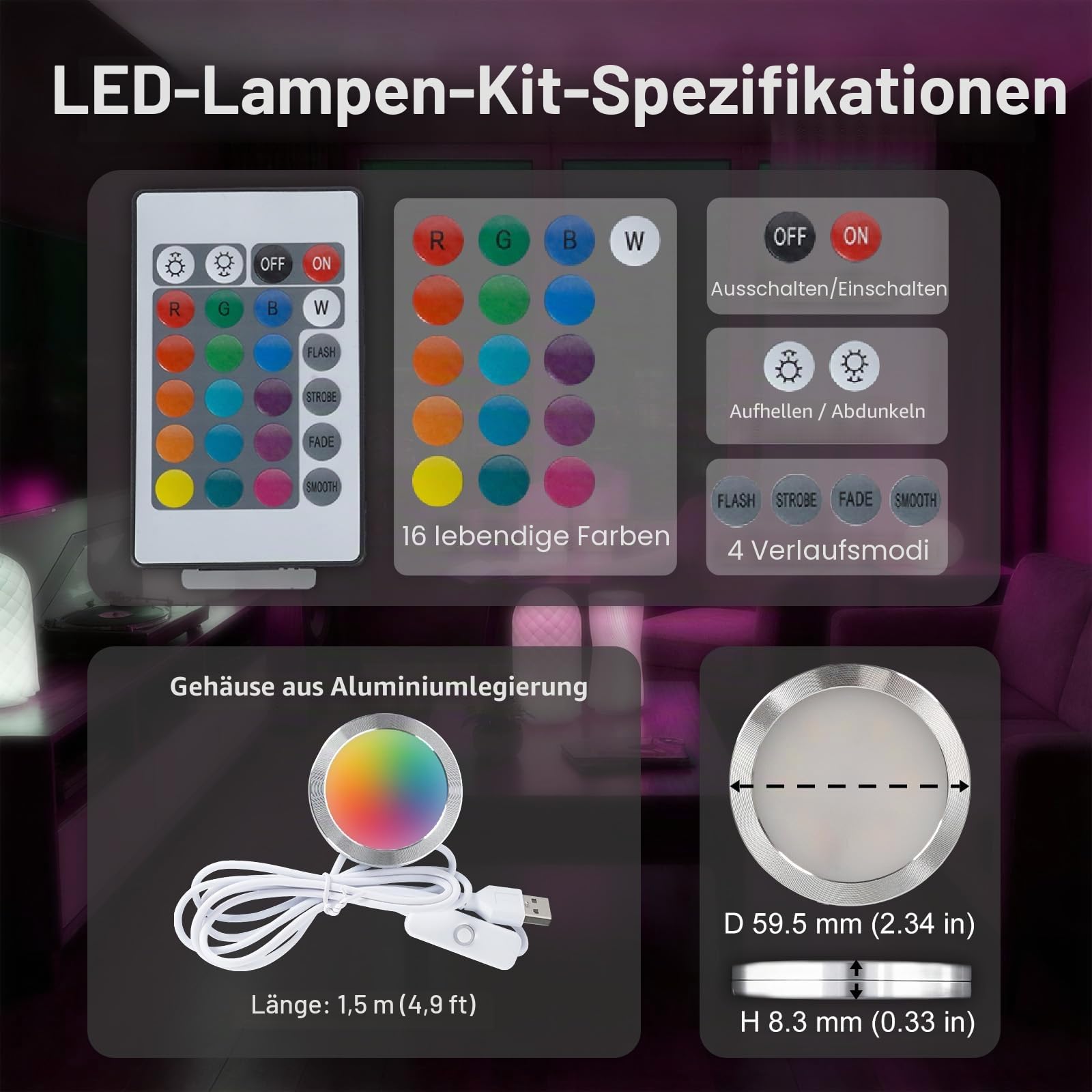 LED Lampen-Set 001 für Bambu Lab,Fernbedienung RGB LED Licht Kit für 3D-Drucker Lampen, LED Lampe kompatibel mit Bambulab A1 mini/P1P/X1C, 5V USB LED-Beleuchtungsset für Makerworld 3D-Druck (10 Stück)