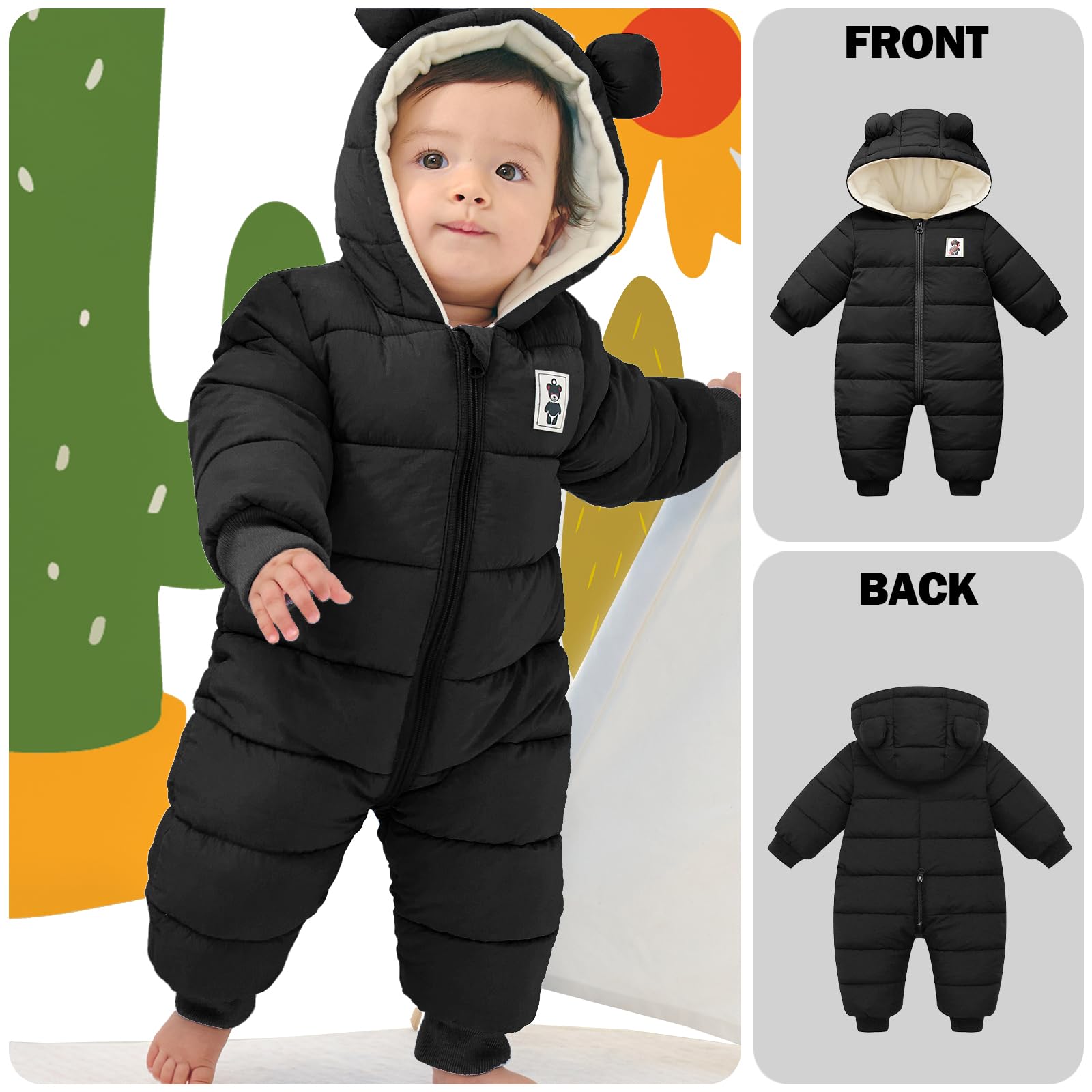 Bebé Invierno Mamelucos con Capucha, Niñas Niños Ropa Traje de Nieve Manga Larga Fleece Monos Outfits Peleles Calentar Abrigo Regalos 0-12 Meses