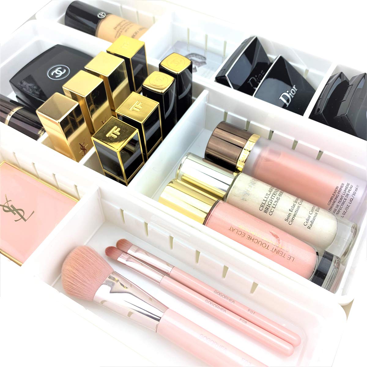 WOWGANISER White Drawer Organizer for Makeup Bathroom Organizer, 12 Adjustable Dividers, White Plastic, Set of 4 Trays, 13.8"Length