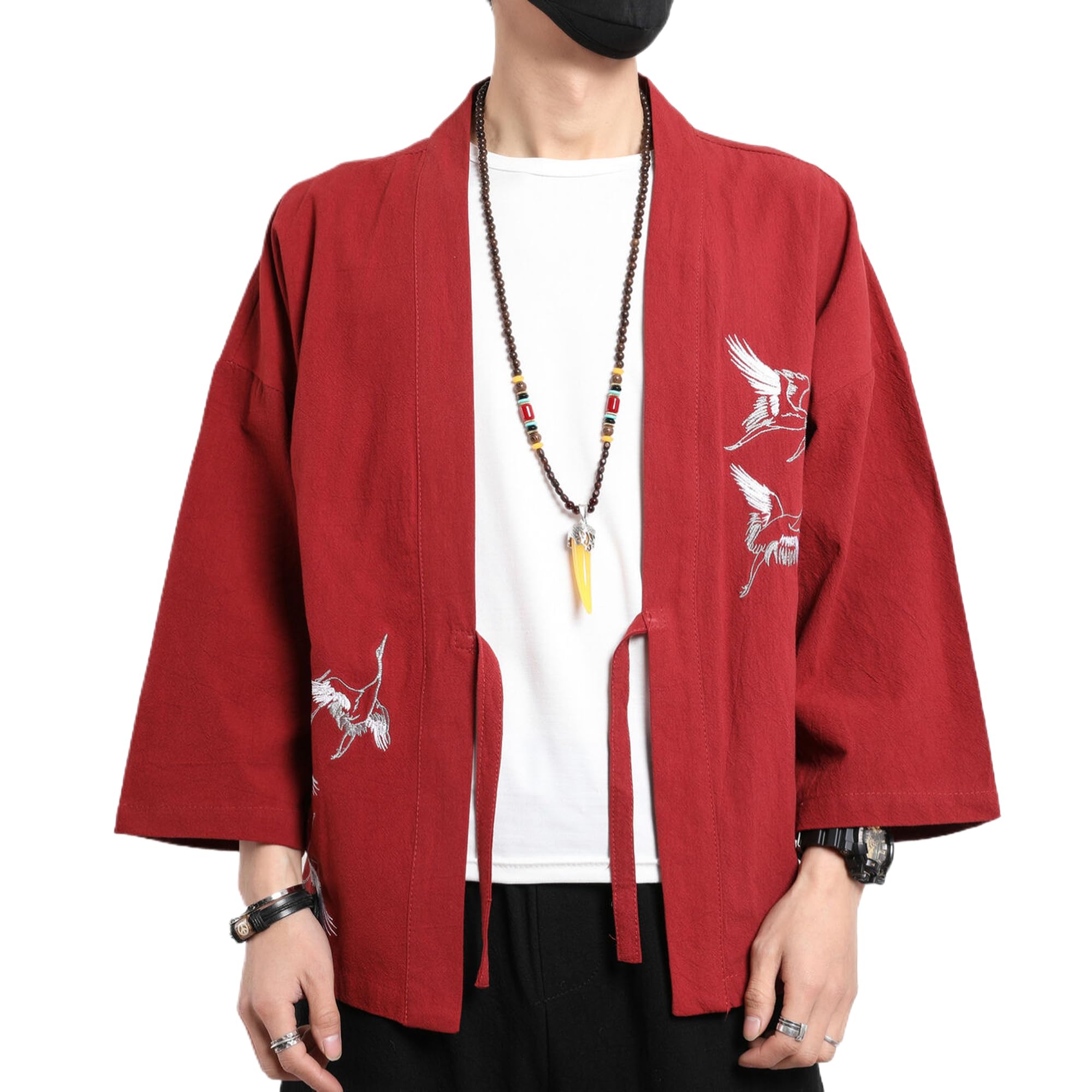 Men's Japanese Kimono Cardigan Loose Cotton Linen 3/4 Sleeve Open Front Casual Summer Shirt Jackets
