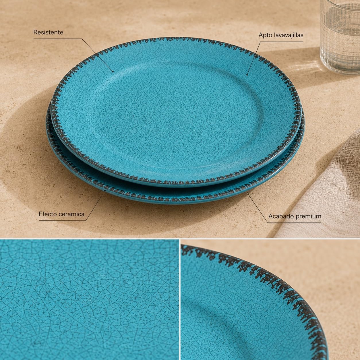 Pack 2 Platos Llanos Melamina 25,5 cm Azul Turquesa | Efecto Cerámica Artesanal Craquelado | Vajilla Ceracor Resistente a Roturas, Apta Lavavajillas