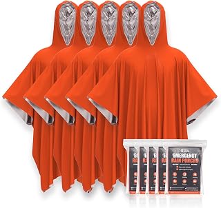 RHINO RESCUE 5 Pack Emergency Rain Poncho with Mylar Blanket Liner, Retains 90% Body Heat, Survival Blanket Raincoat for Camping, Hiking, Emergency Supplies & Survival Kits