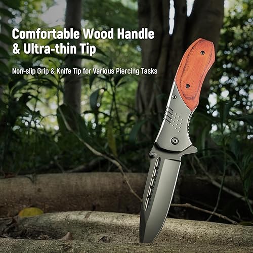 Miniatura 6 de KEXMO Cuchillo de bolsillo para hombres  Cuchillos de bolsillo plegables con mango de madera con clip, rompedor de vidrio, cuchillo EDC de hoja